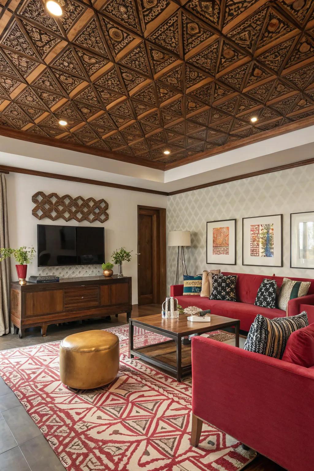 An interior exhibits a patterned cedar ceiling, introducing further depth and engagement.