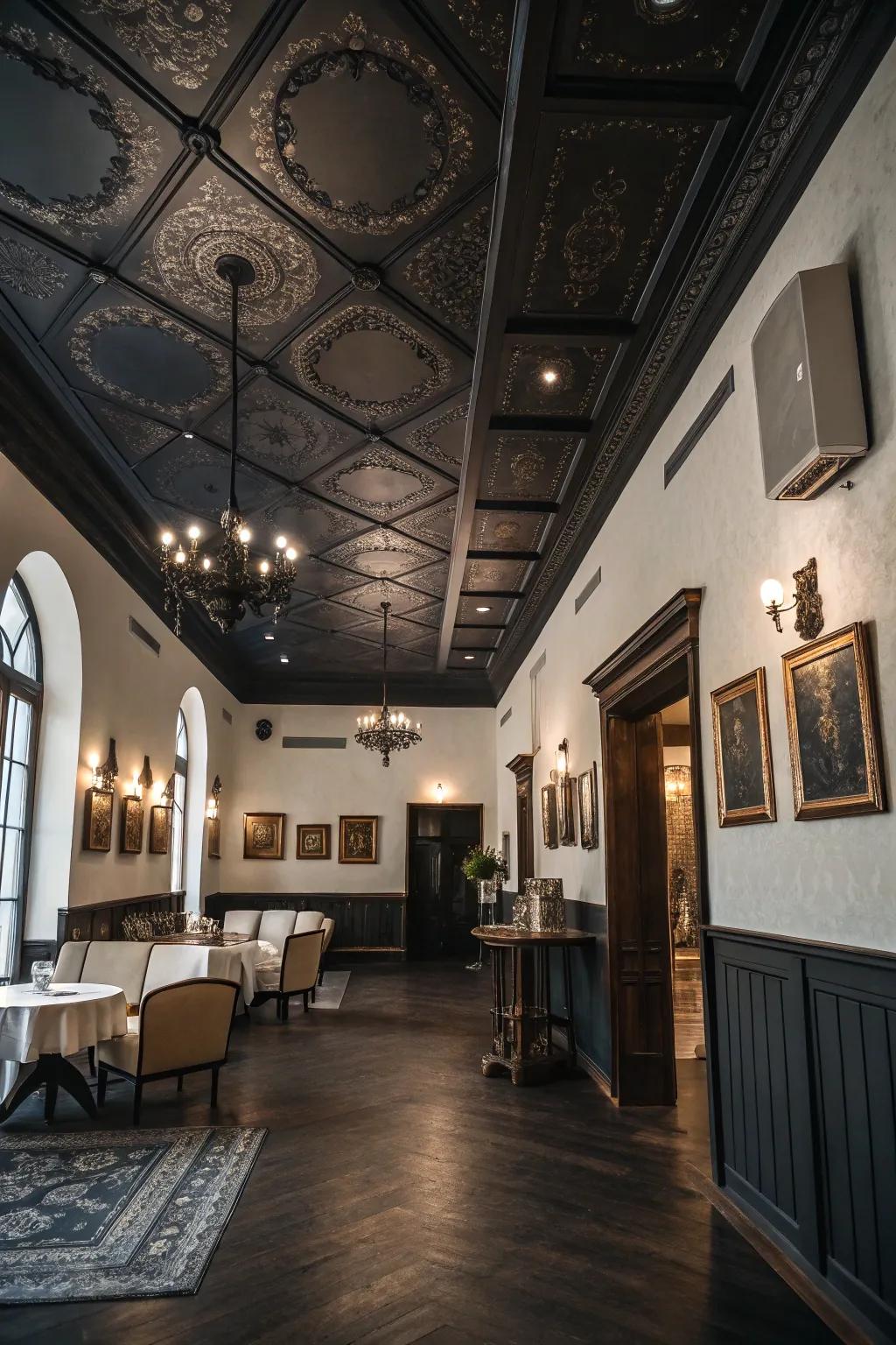 A locale exhibiting a somber ceiling injecting an intimate and sentimental attribute.