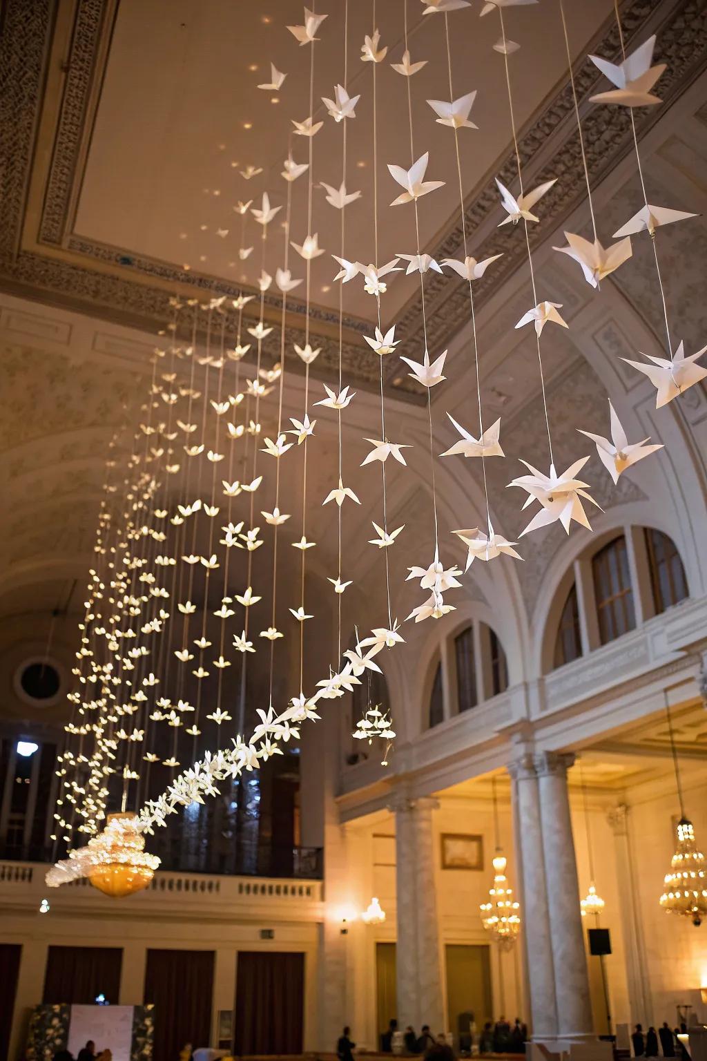 Folded paper birds contribute whimsical flair.