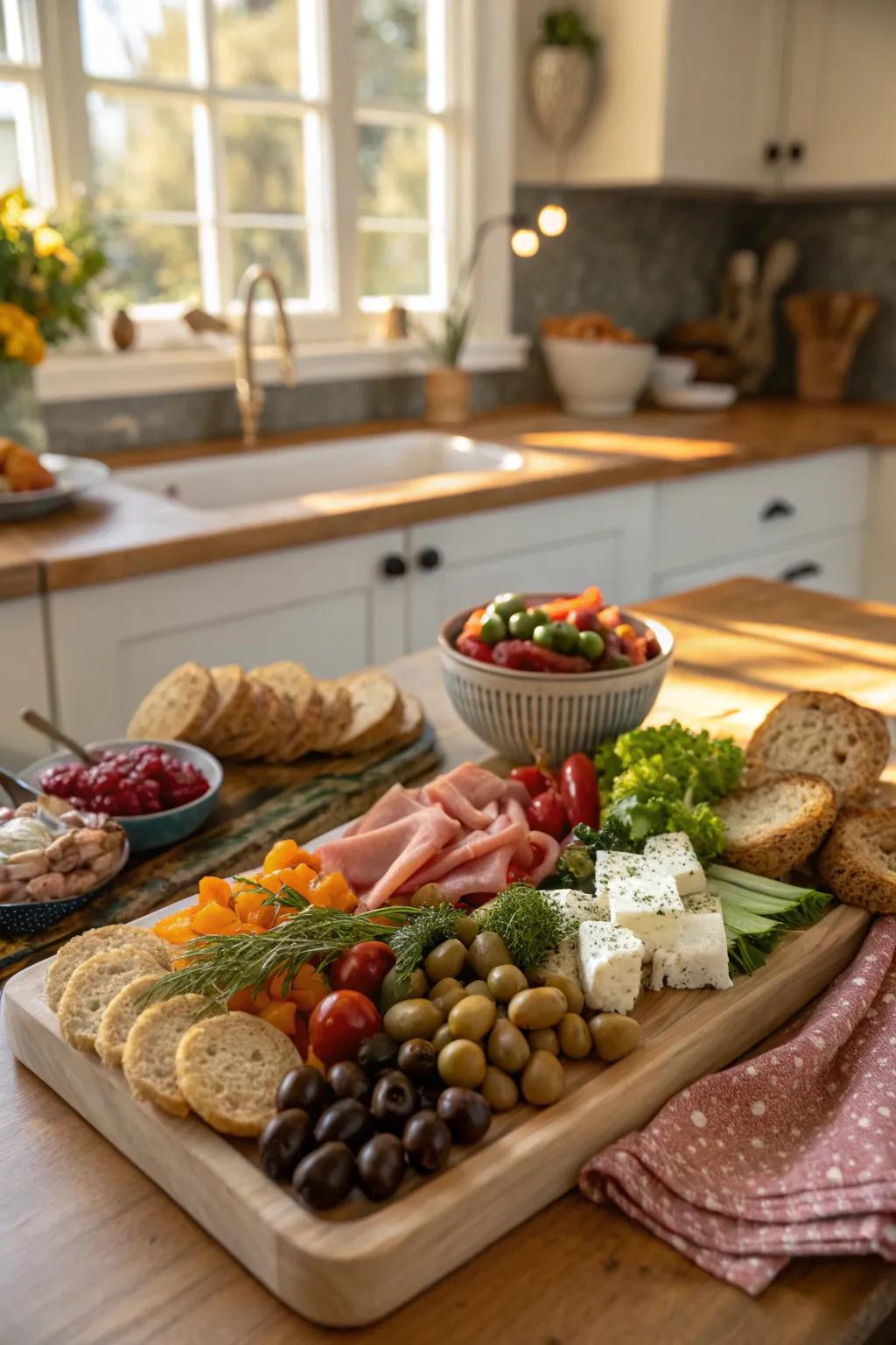 Mediterranean flavors featured on a grazing board.