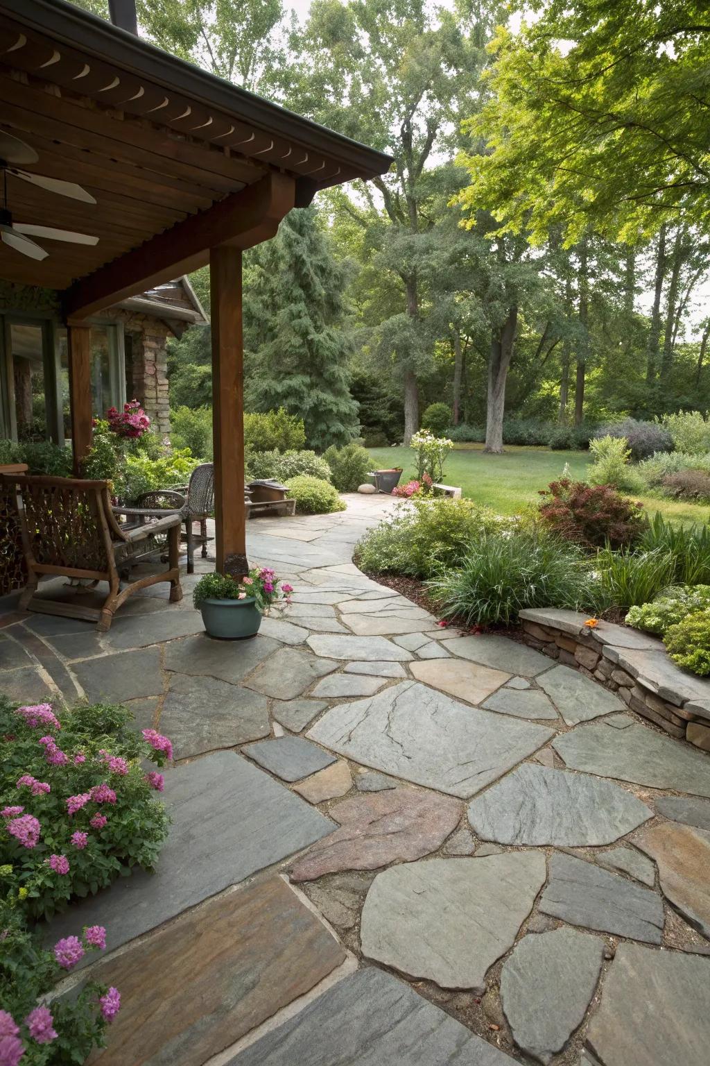 Flagstone flooring amplifying the patio's natural charm.