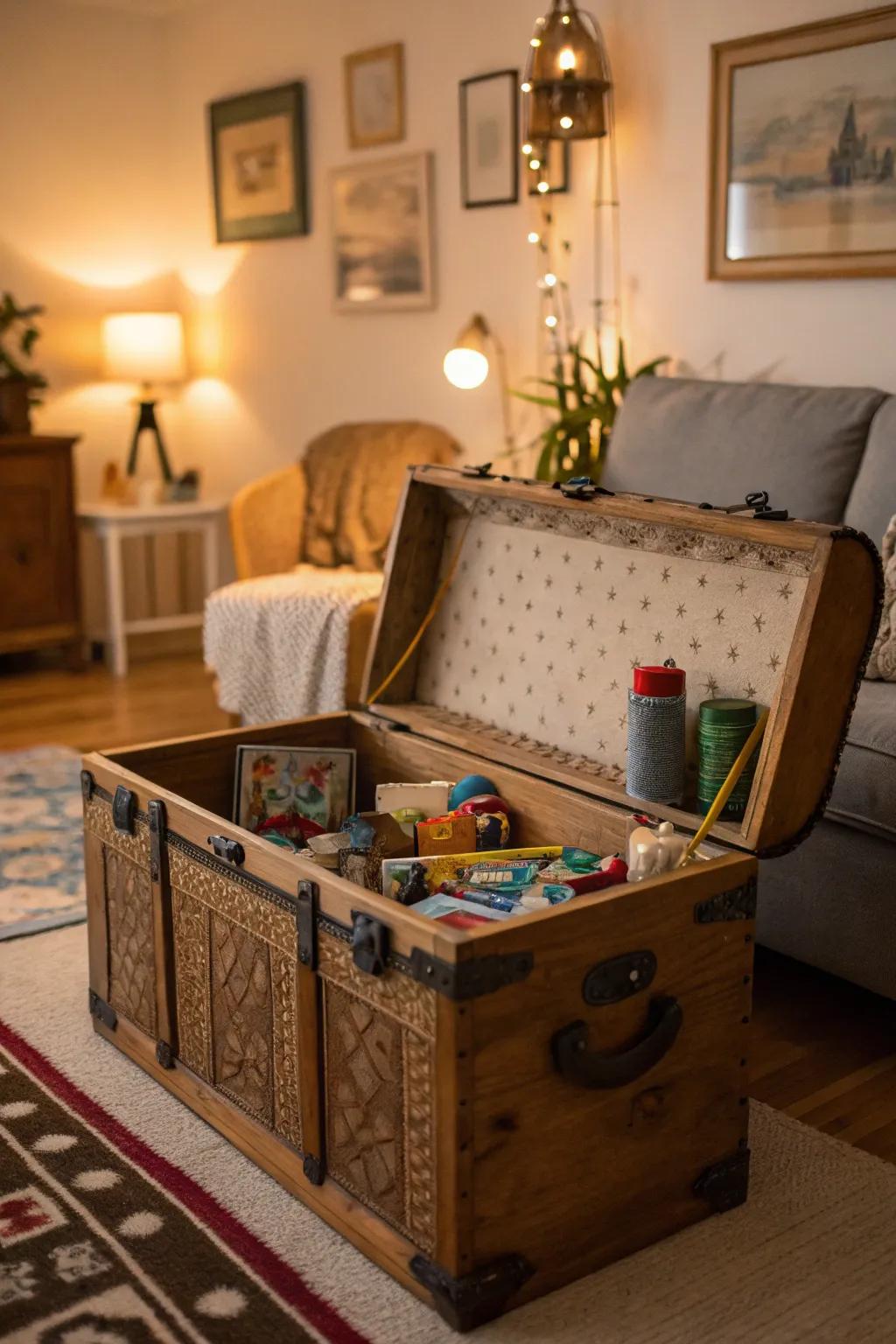 Toy trunks furnish conventional and covert storage.