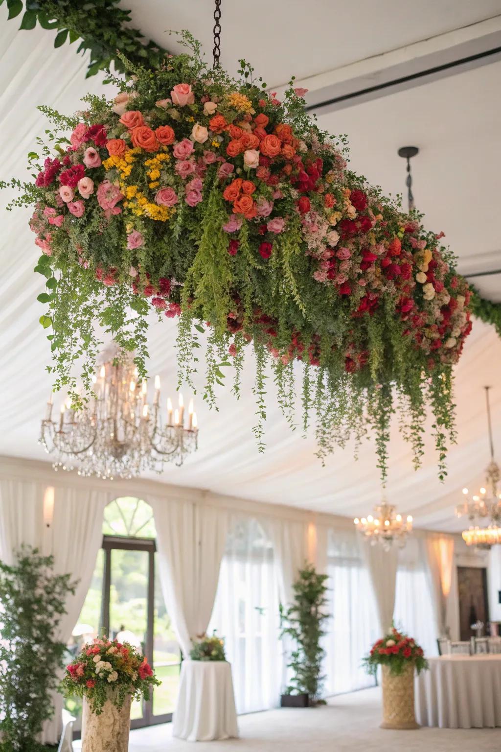 Hanging flower installation at a wedding.