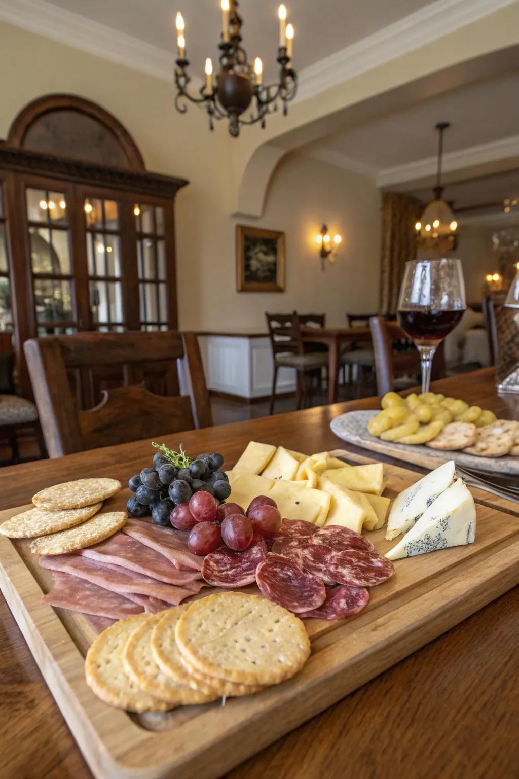 A cheese board enriched with cured meats.