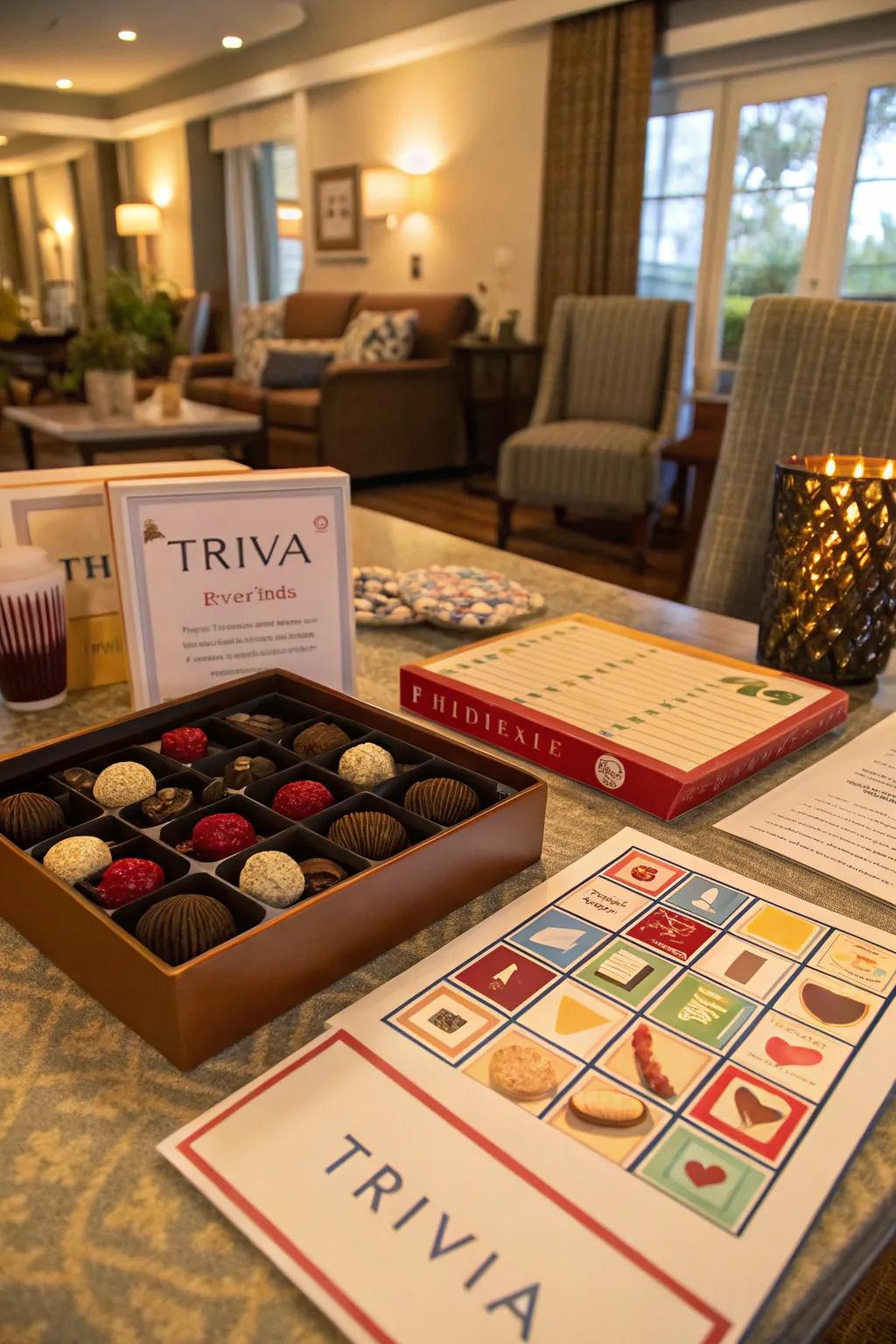 An animated chocolate trivia challenge setup to amuse guests.