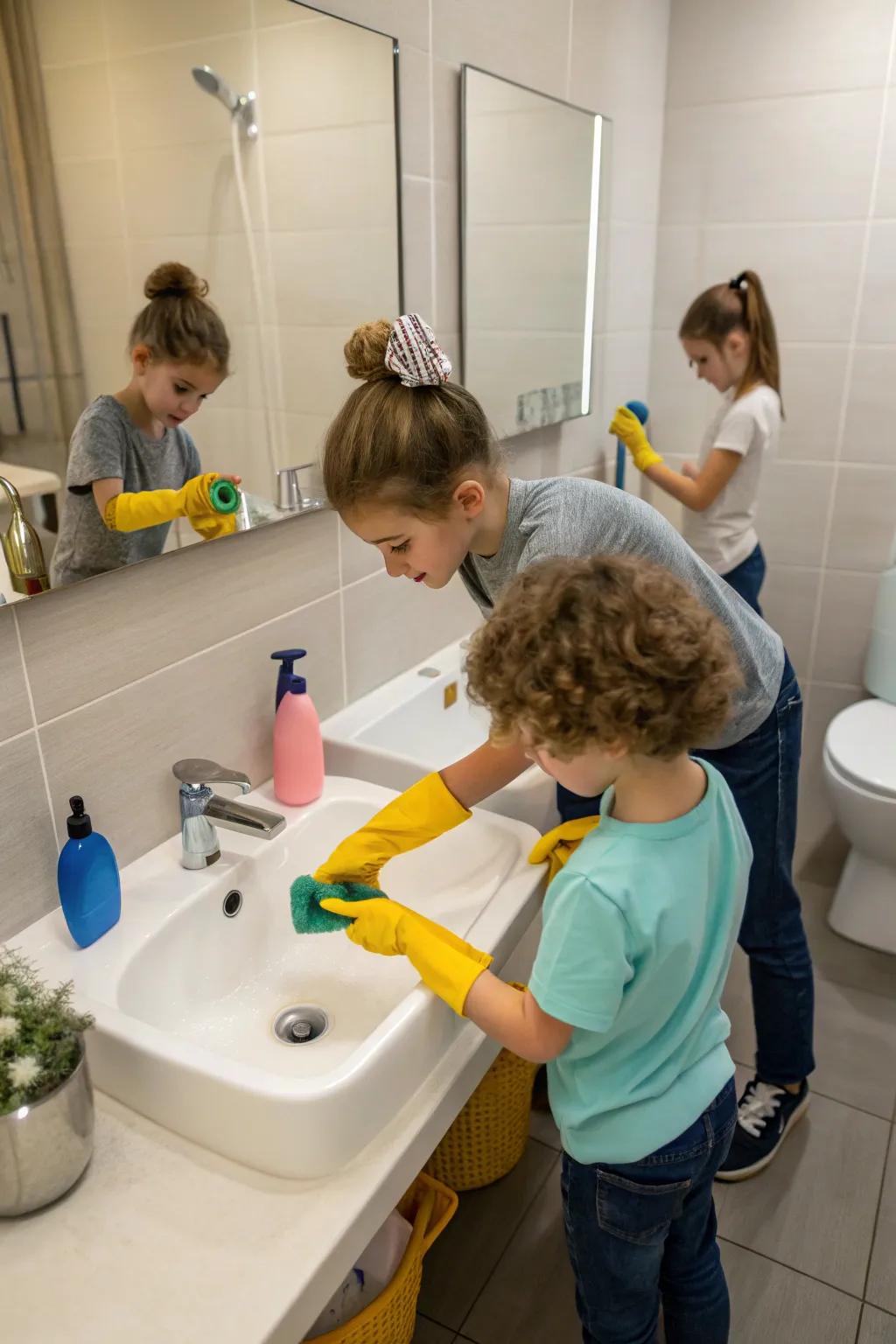 Teach hygiene with bathroom cleaning tasks.