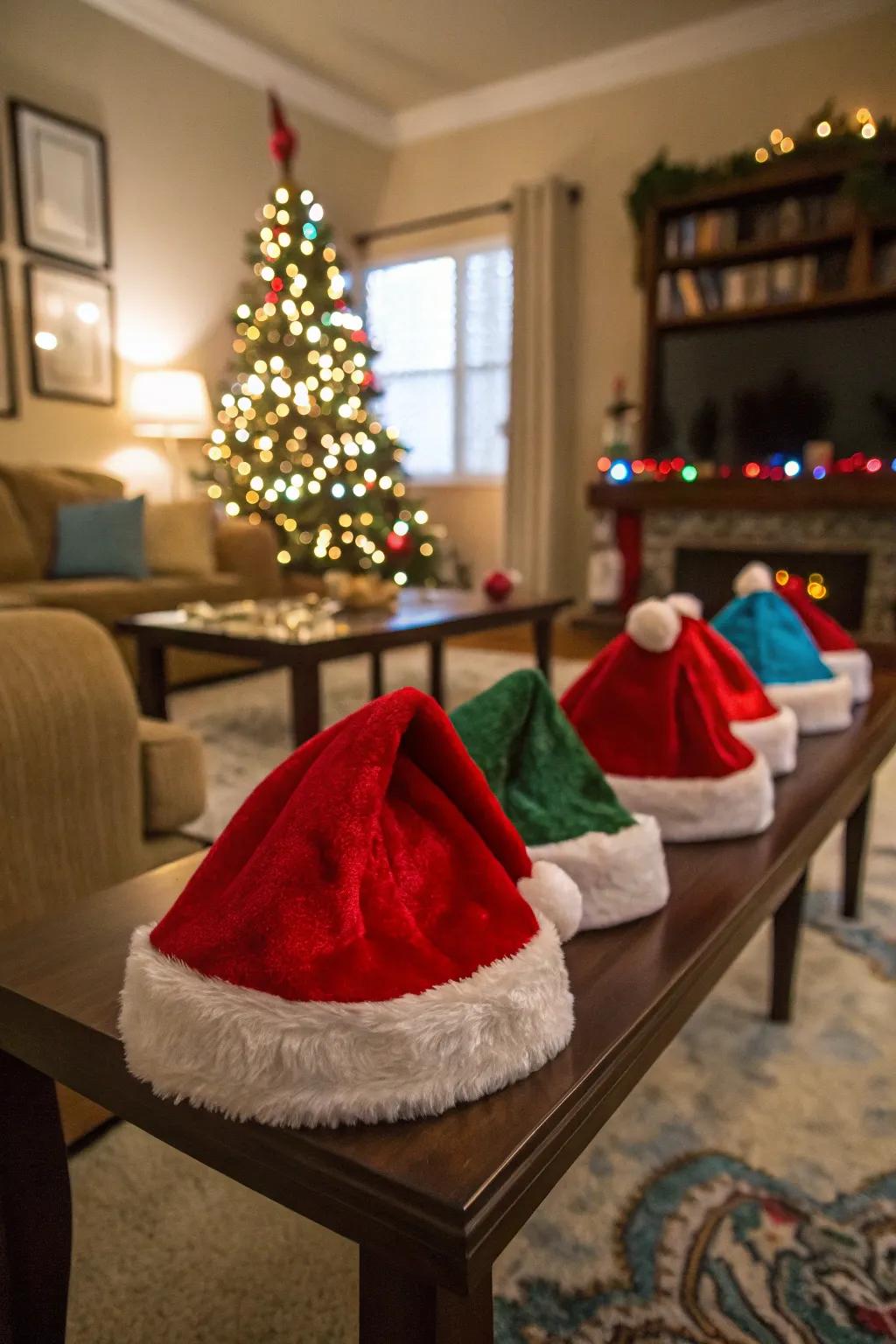 Incorporate celebratory style using a Santa headwear space.