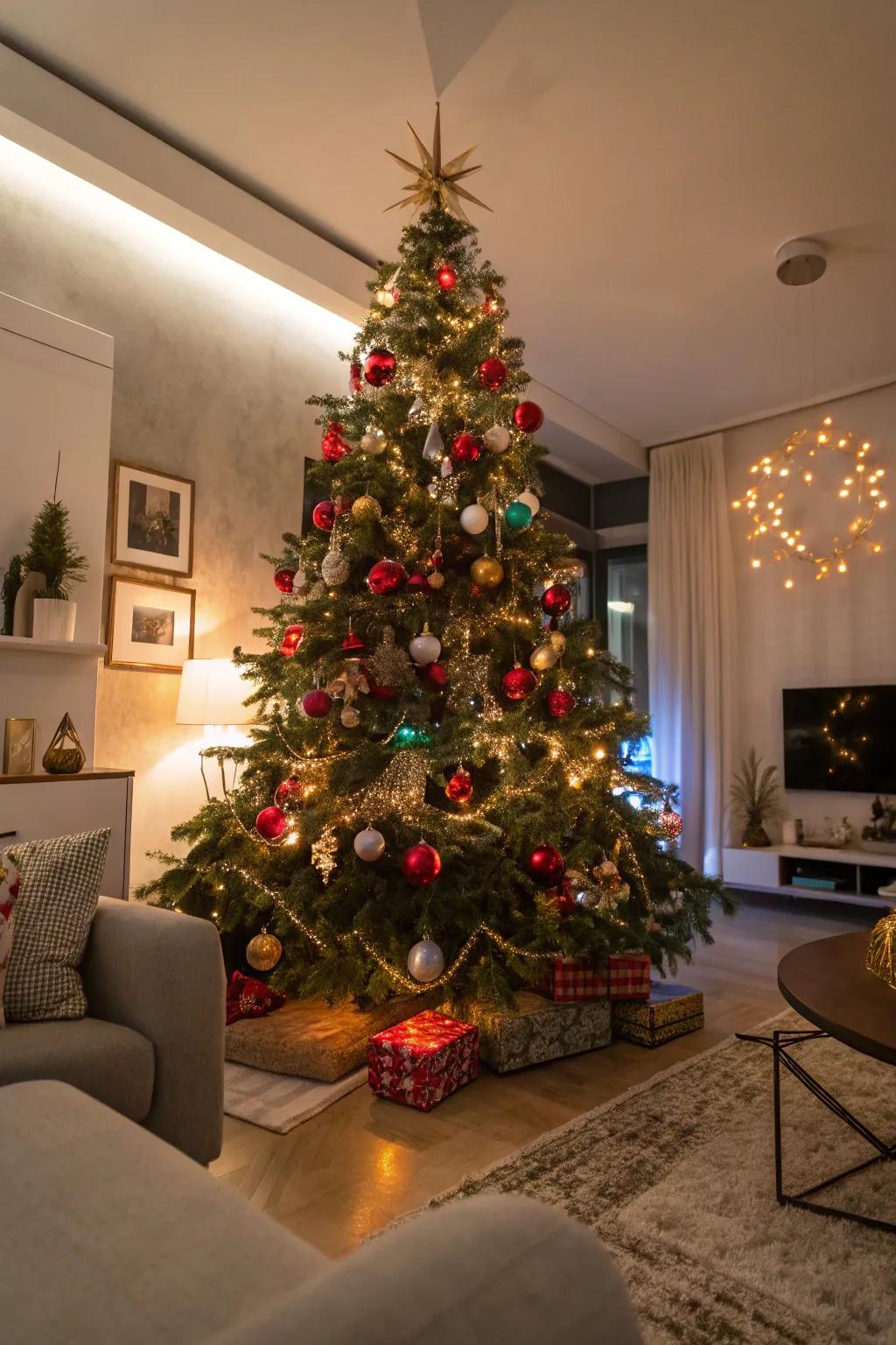 A unique Christmas tree adorned with eclectic ornaments and colorful lights, showcasing artistic refinement.