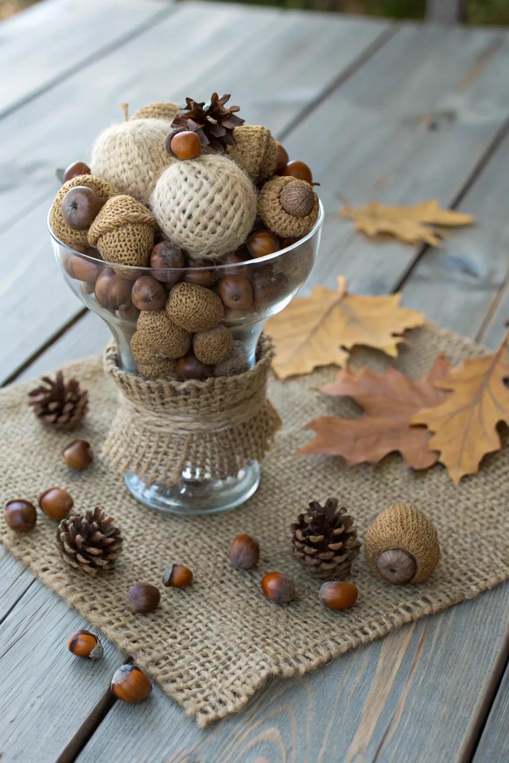 Woodland charm: acorns and burlap establish a rustic holiday presentation.