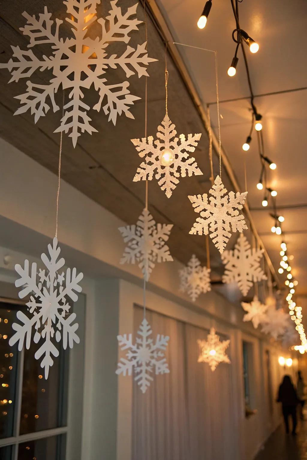 Mesmerizing paper snowflakes evoke a wintry atmosphere.