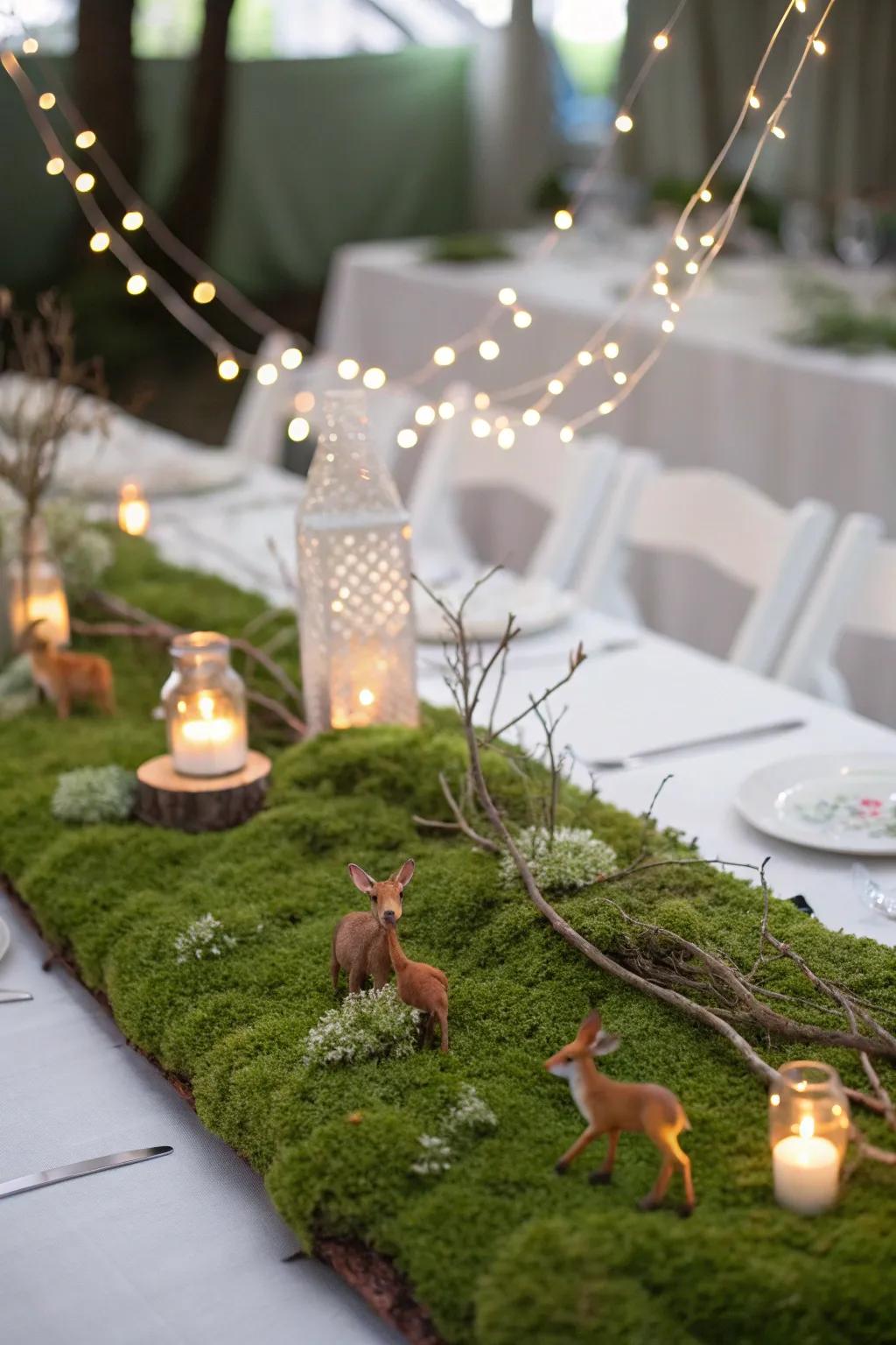 An enchanted woodland tabletop scene showcasing moss and shimmering lights.
