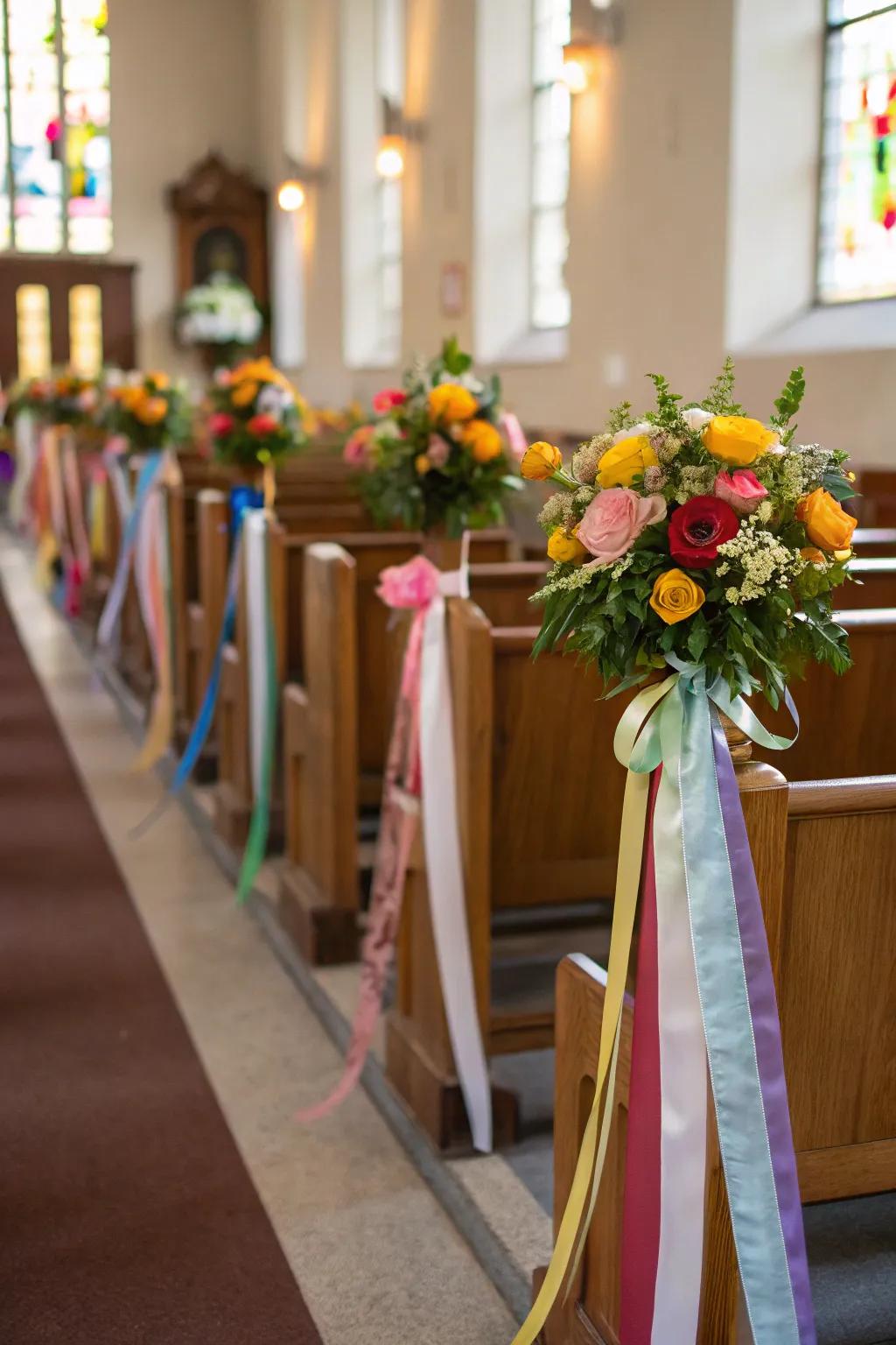 Church seats embellished with ribbons and blooms.