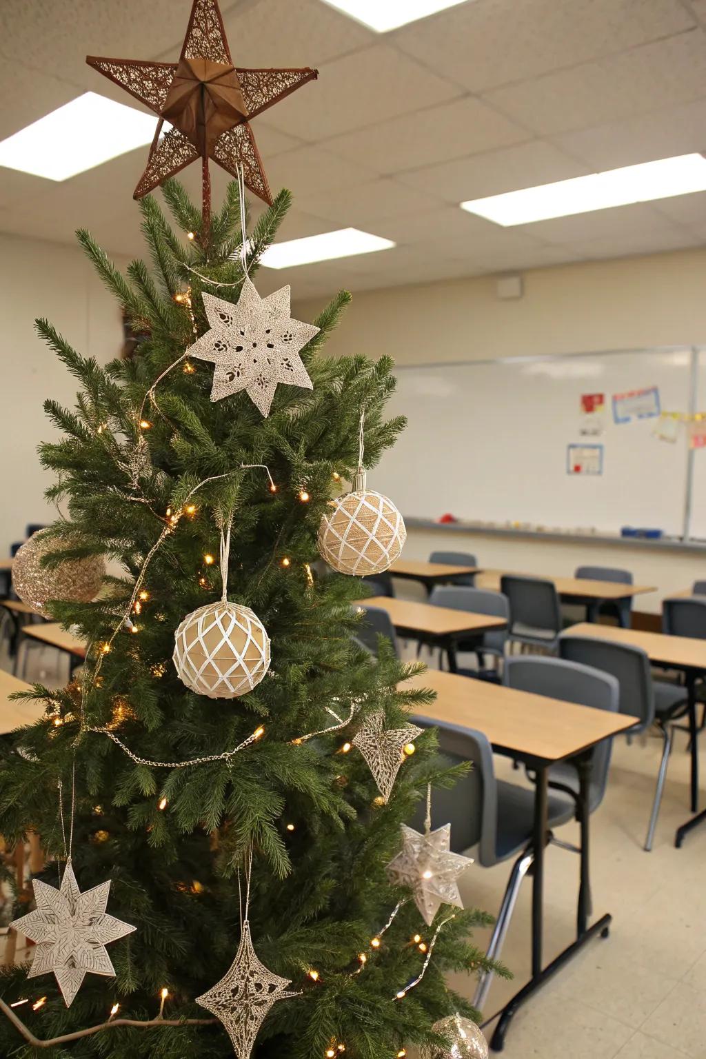 An origami ornament-decorated holiday tree