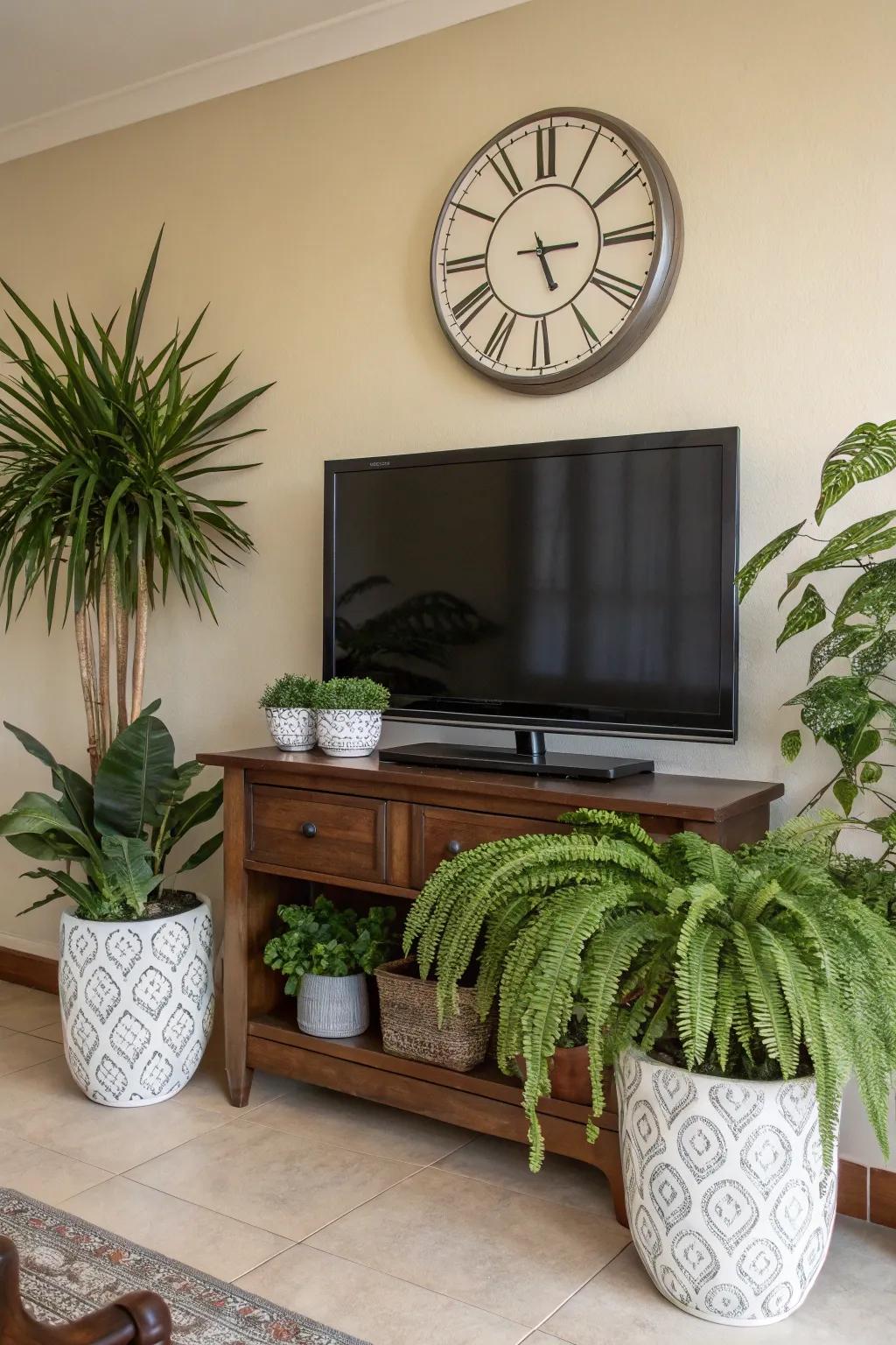 Interior flora supplement a revitalizing nuance to the television and timepiece configuration.