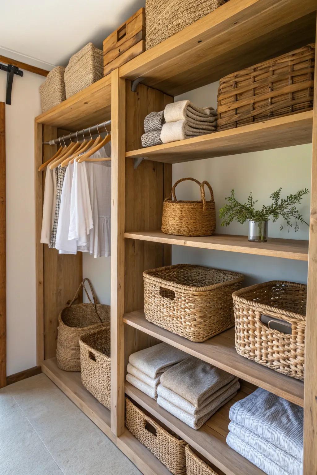 The incorporation of organic materials enriches your closet with texture and warmth.