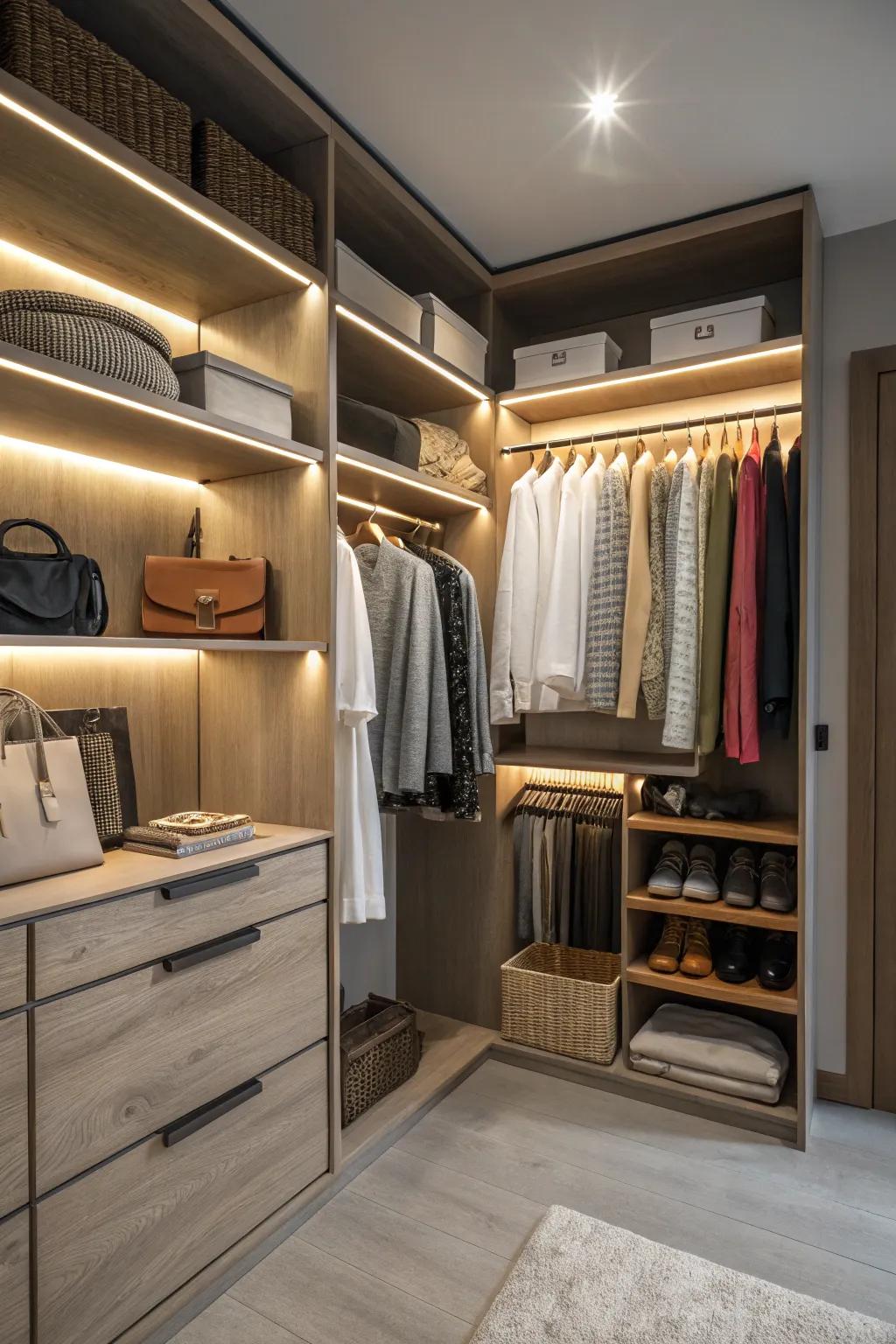Luminosity management lamps enable you to personalize the atmosphere of your closet.