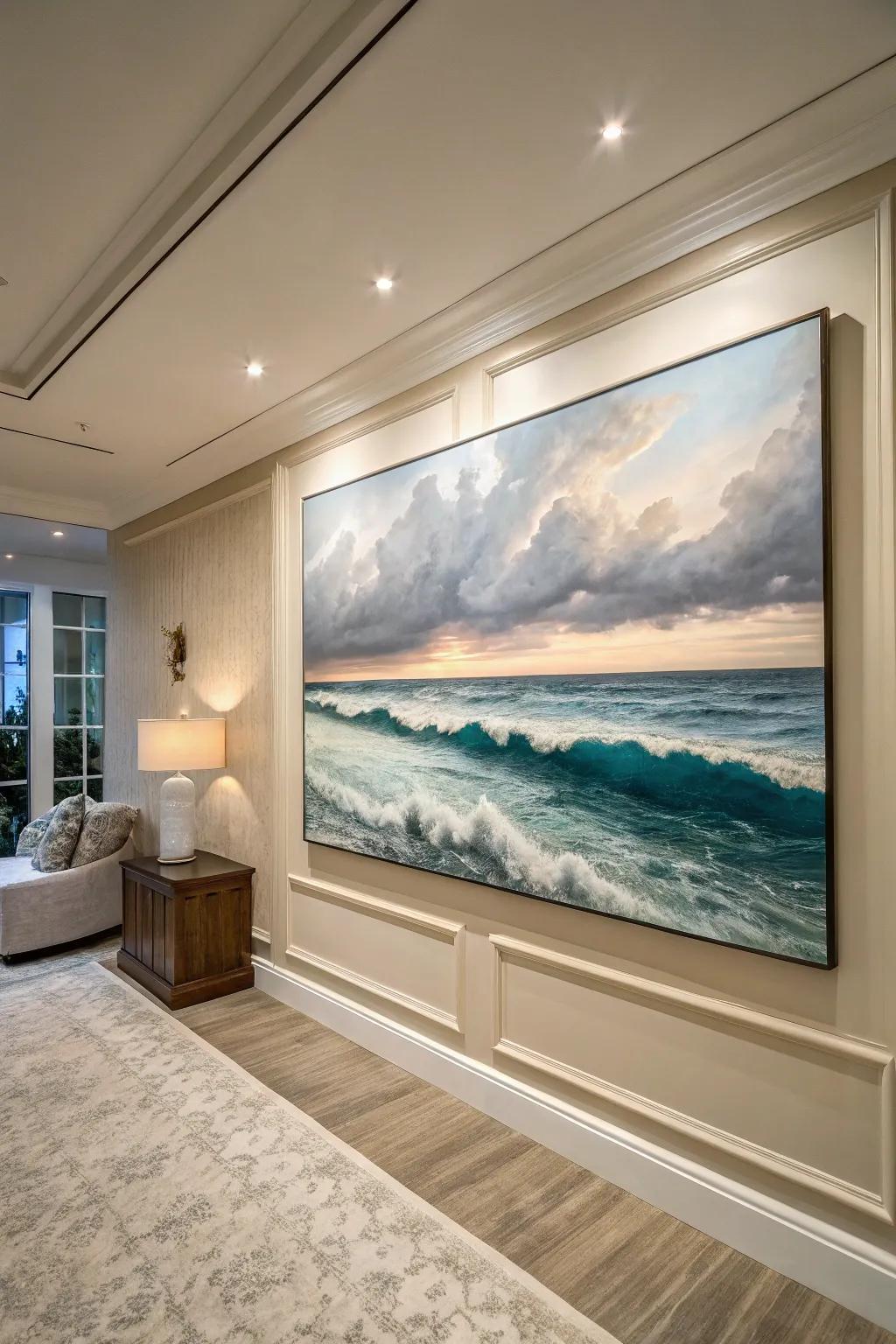 Beach-inspired artwork providing a calming coastal feel.