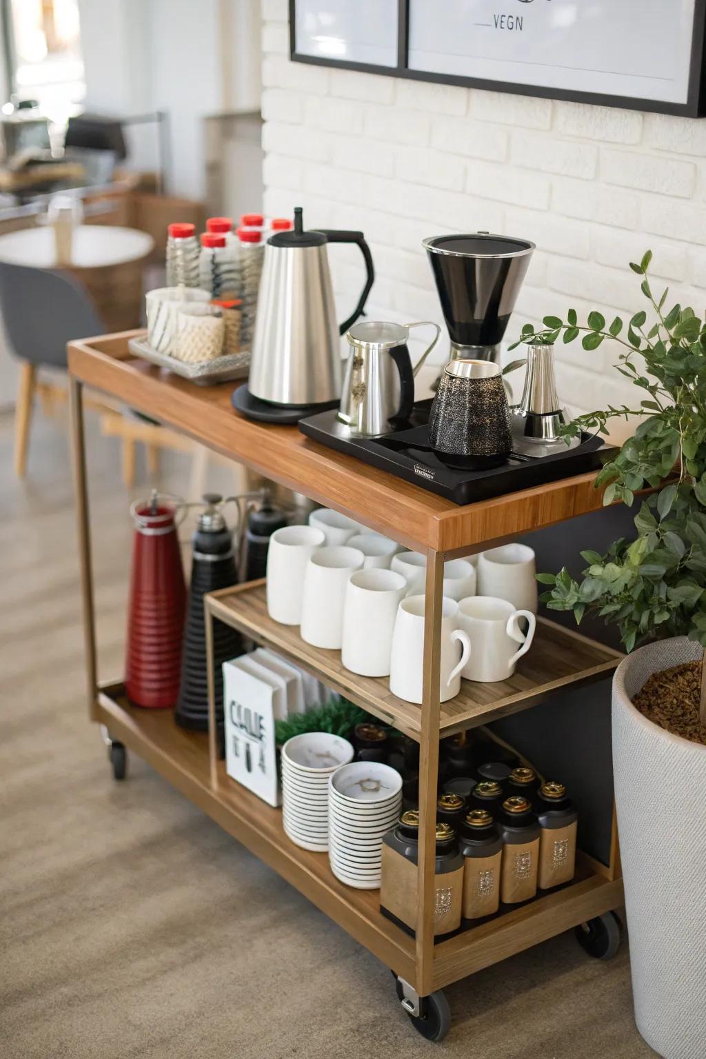 A versatile coffee trolley for serving and storage.