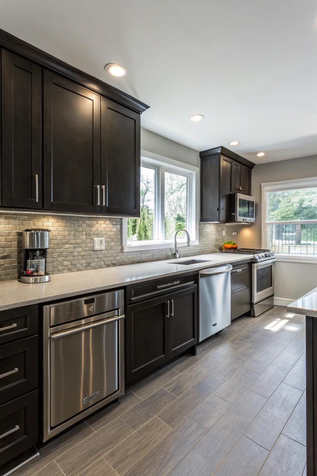 Dark cabinets harmonized with polished iron appliances for a modern kitchen look.