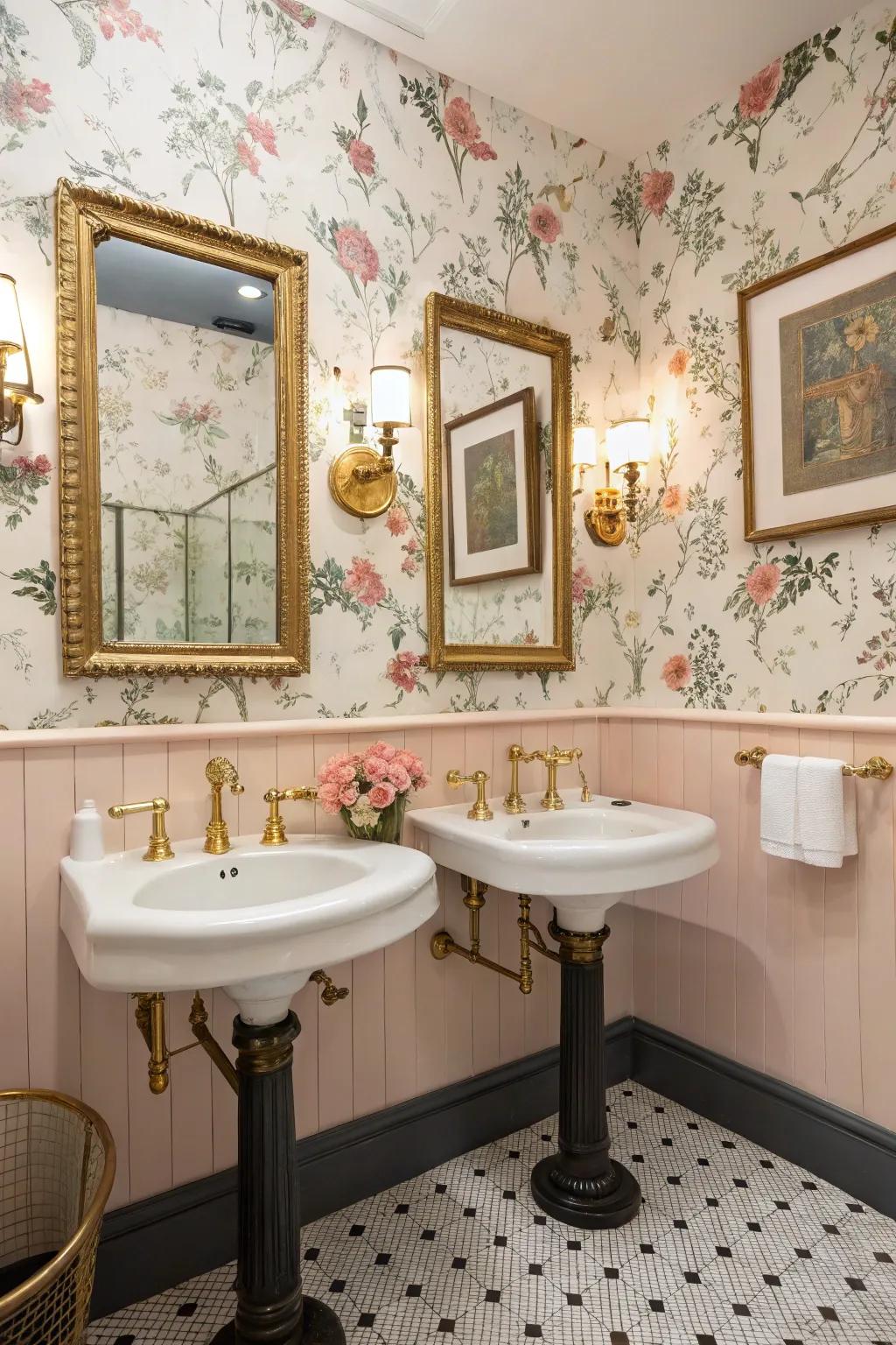 Classic fixtures and retro décor contribute character to this guest bathroom.