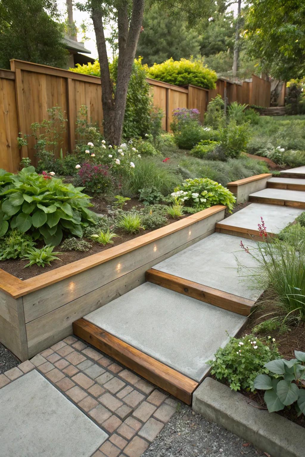 Timber elements soften the presentation of concrete edging.