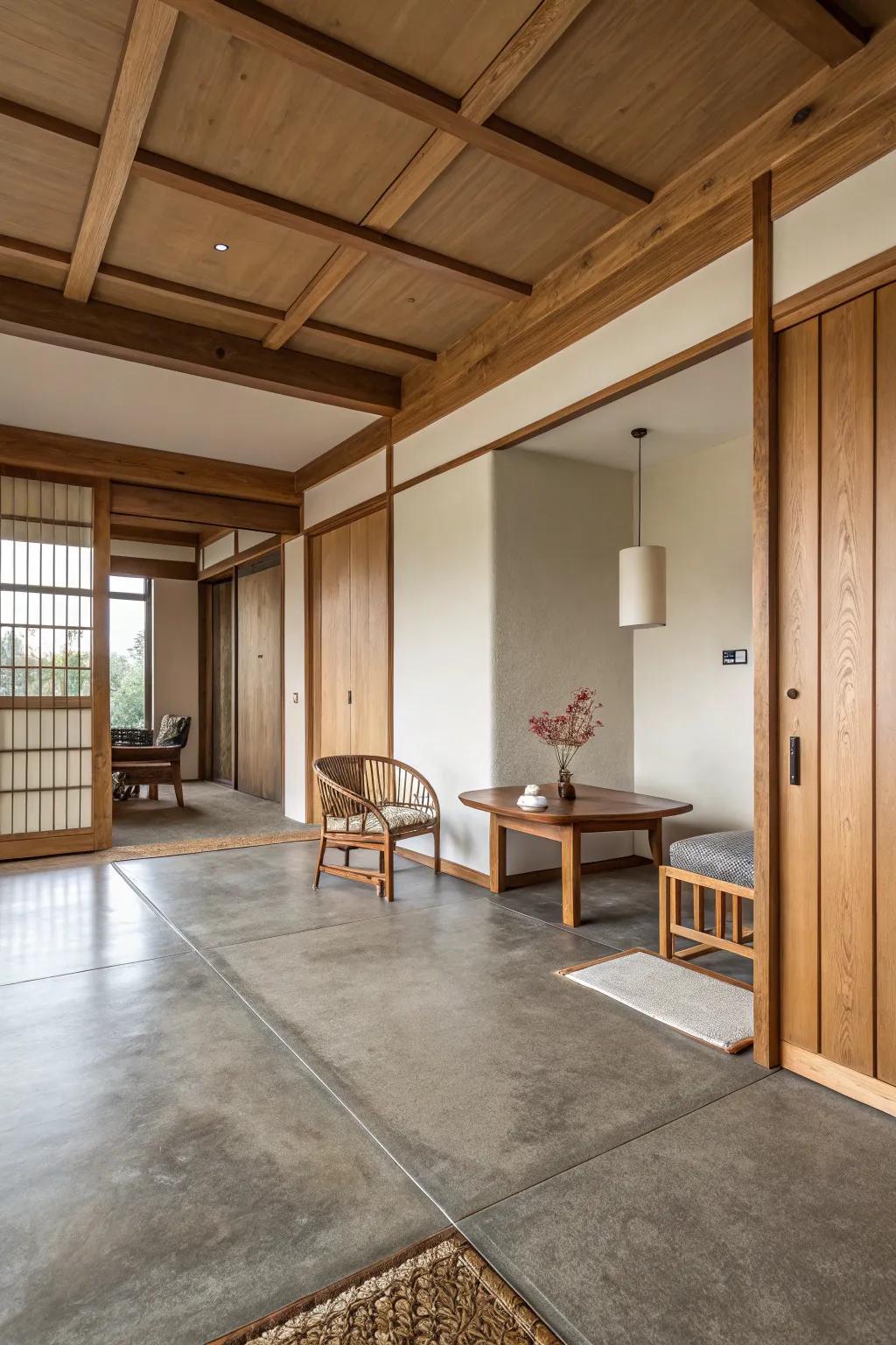 Earth-toned concrete flooring adding warmth to a minimalist space.
