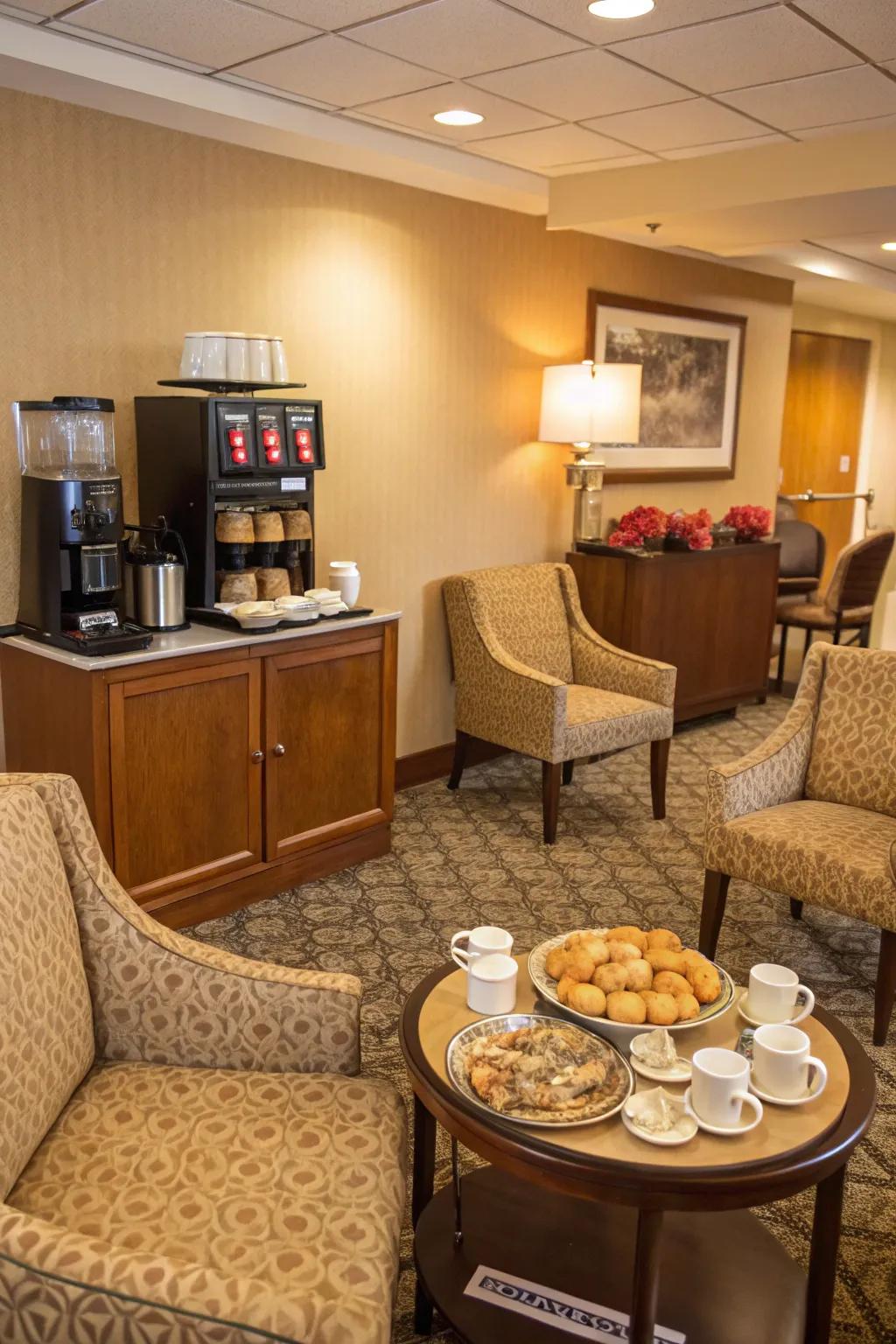 A coffee nook injects warmth and hospitality into the area.