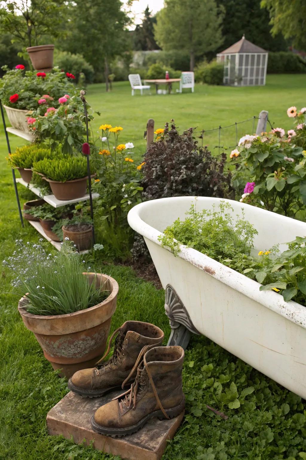 Quirky garden using items used again as containers.