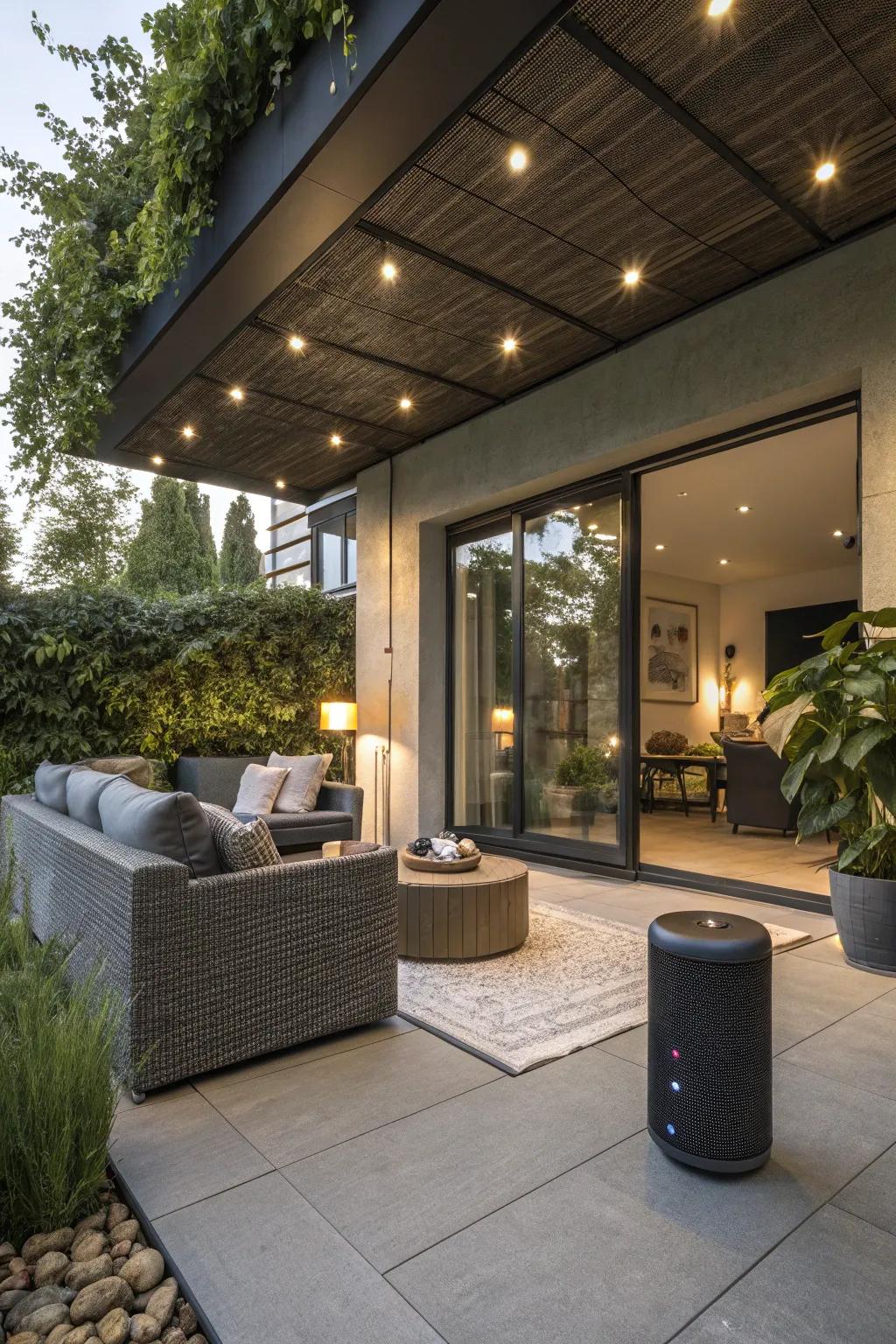 A technologically advanced patio featuring smart lighting and sound components.