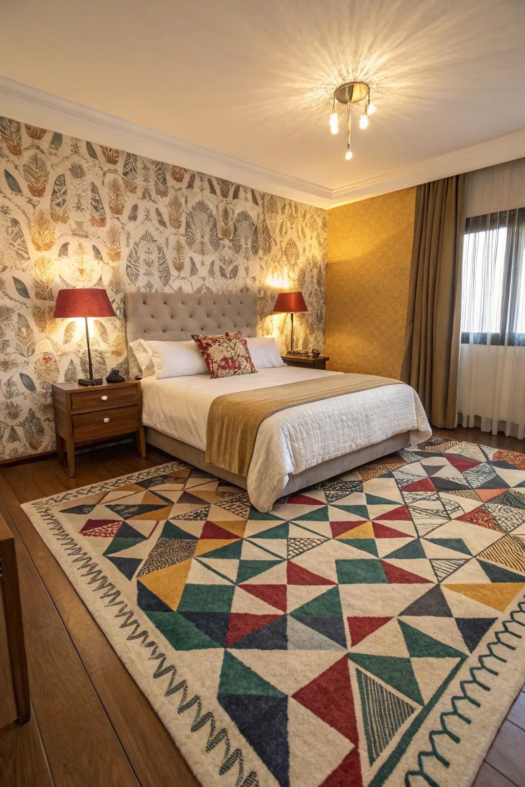 Geometric motifs imbue the sleeping quarters with contemporary vigor and aesthetic appeal.