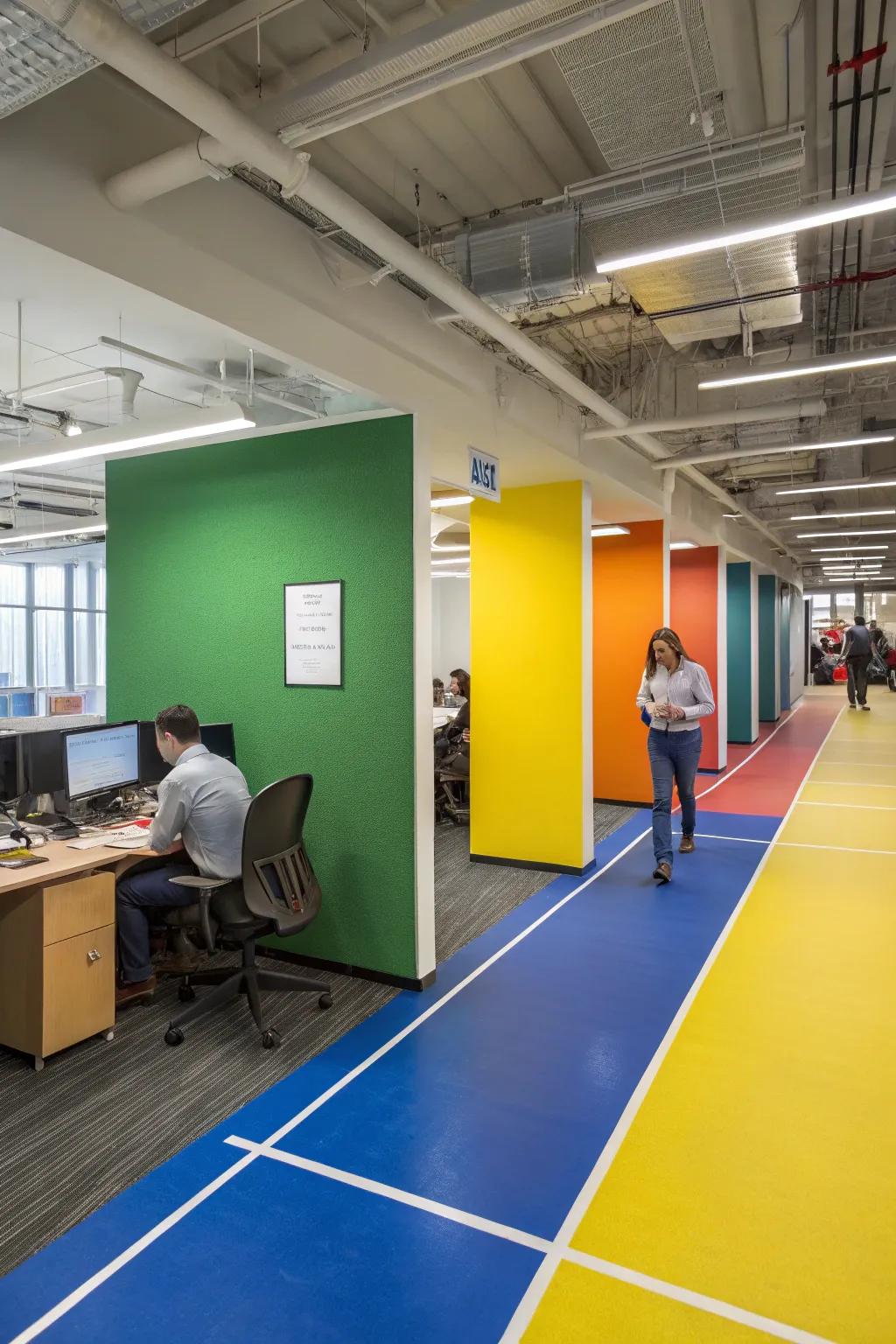 An office that uses hues separation to define distinct sections.
