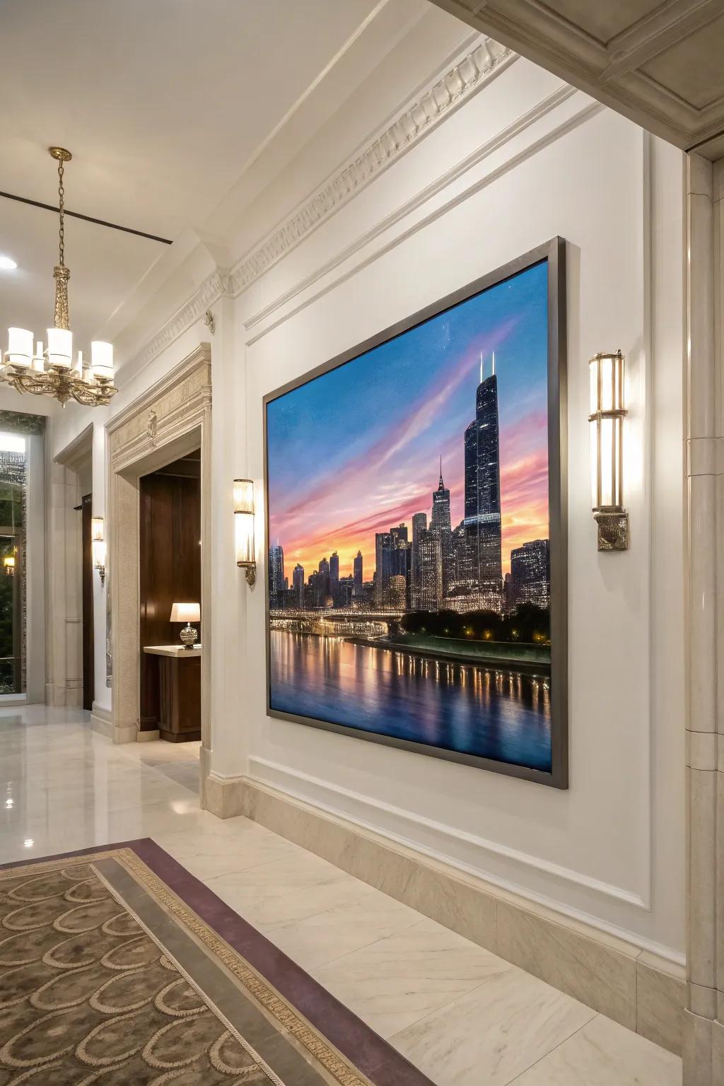 A metropolitan horizon painting injects a stroke of urban sophistication into your setting.