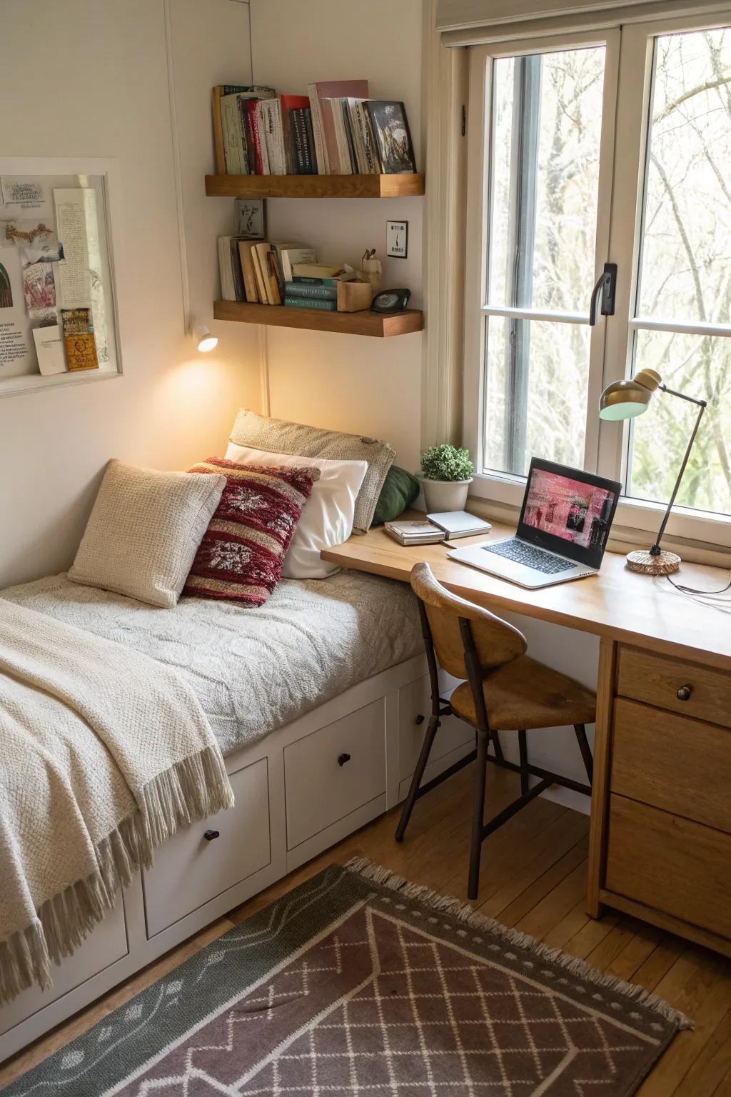 A desk adjacent to a corner bed optimizes functionality.