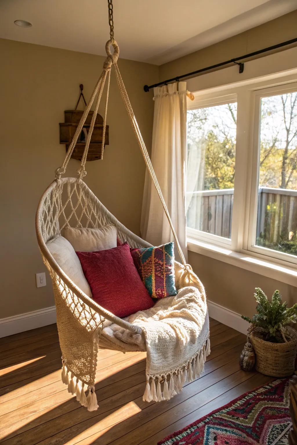 A hammock chair imparts a spirited and calming ambiance to the corner space.