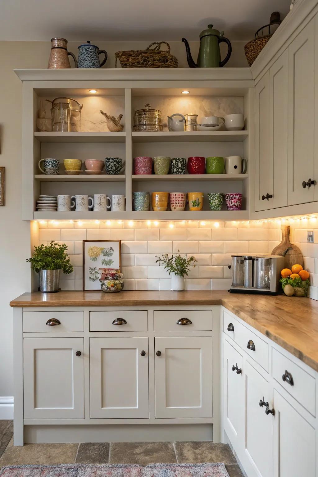 Integrated ledges introduce personal style to kitchen storage.
