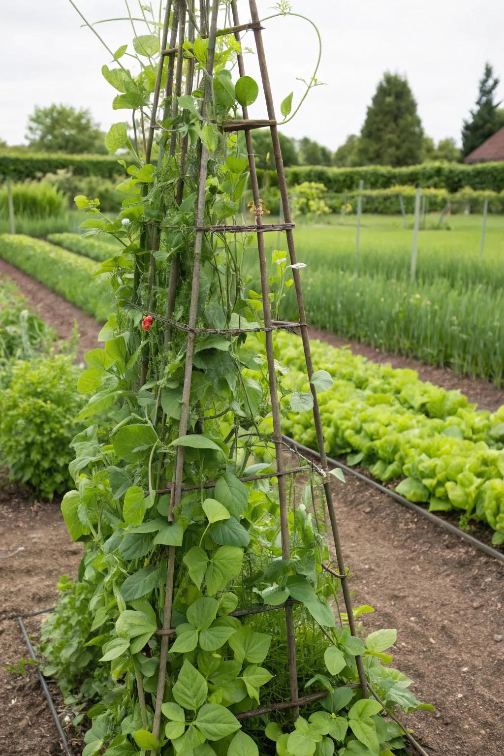 An edible garden trellis brimming with beans and peas.