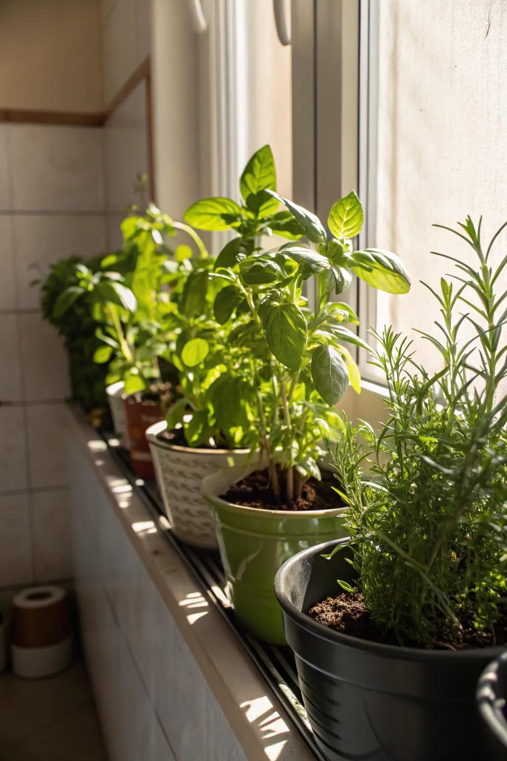 Herb garden ledges bringing freshness and greenery inside.
