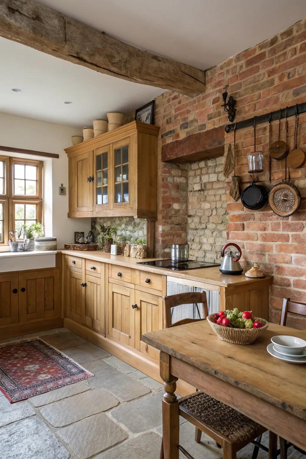 Bare brickwork contributes a rustic center point to this kitchen.
