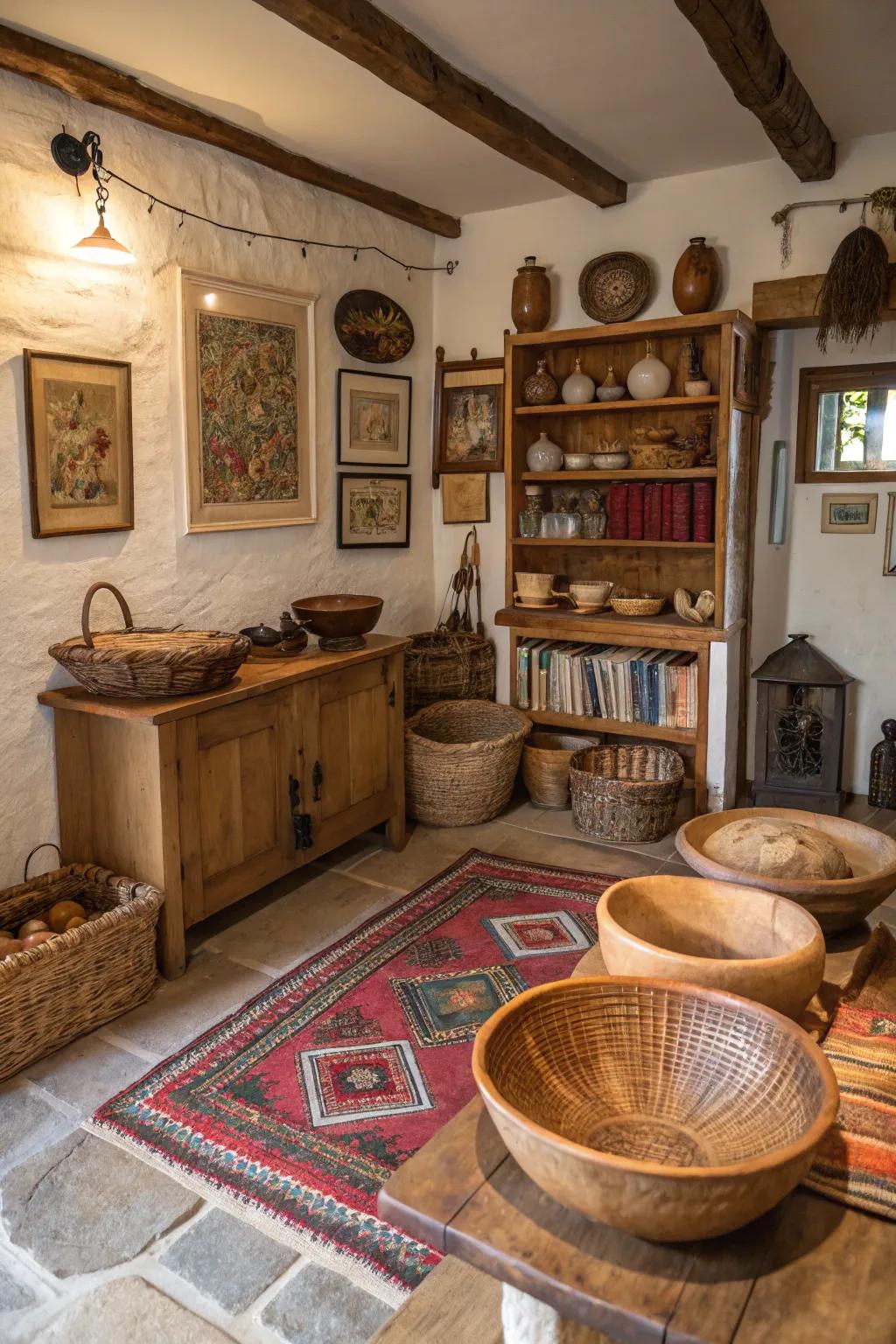 An interior showcasing unique artisan-crafted decor items.