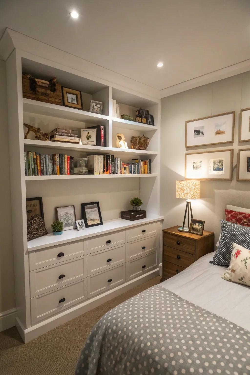 High shelves free up floor area while adding storage.