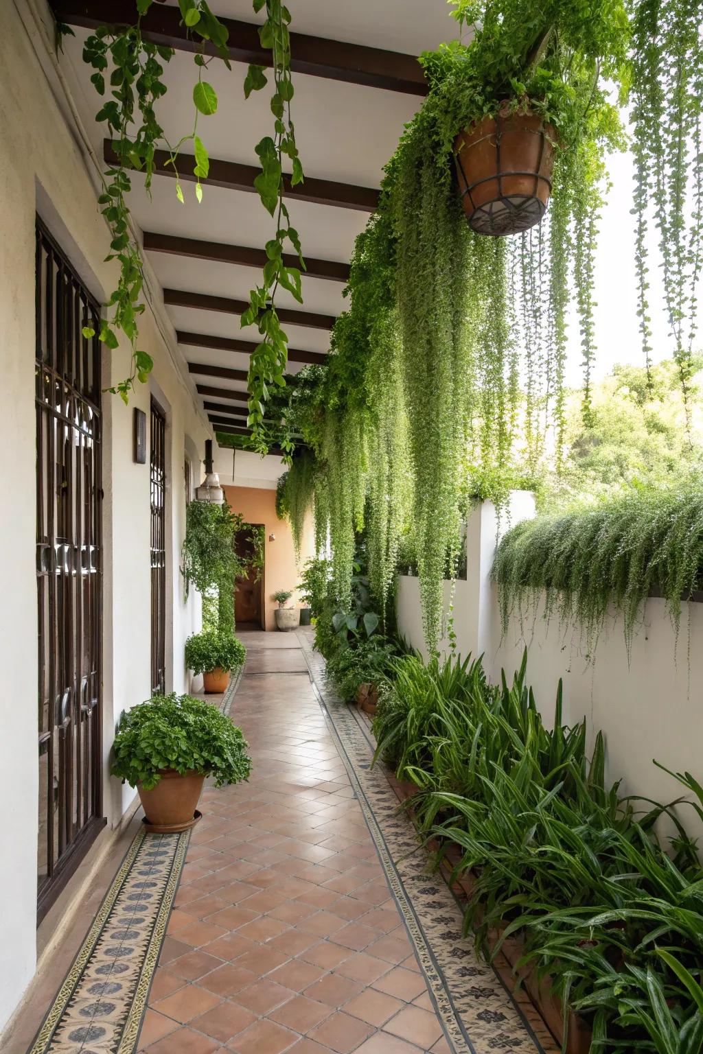 Hanging plants add greenery without taking up floor space.