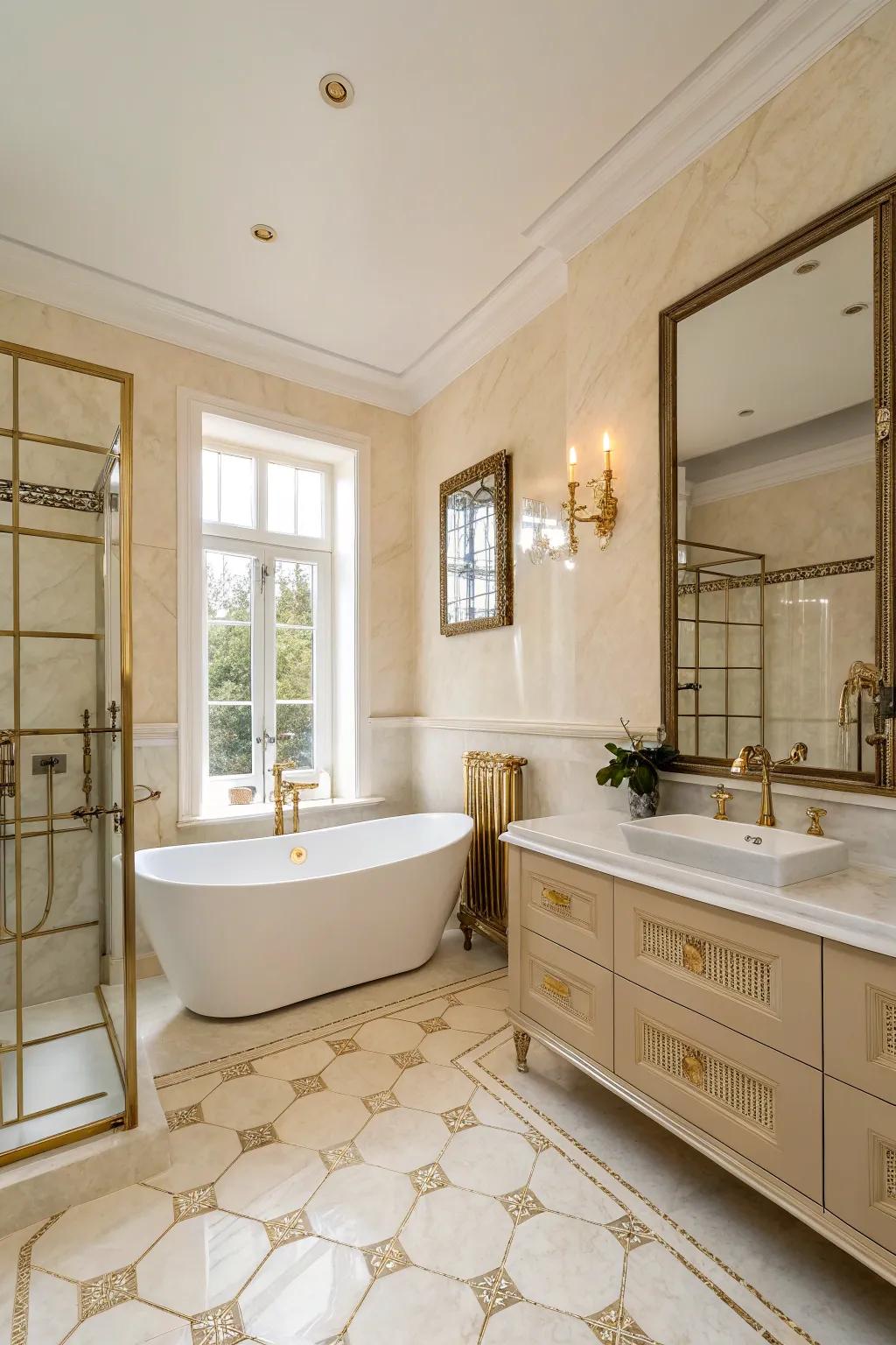 Brass fixtures contribute a vintage touch to this cream bathroom.