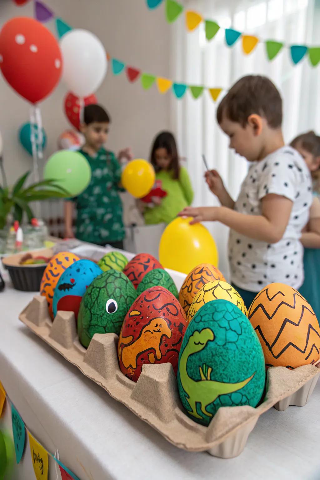 Giant reptile-themed eggs conveying prehistoric amusement to a child's natal day celebration.