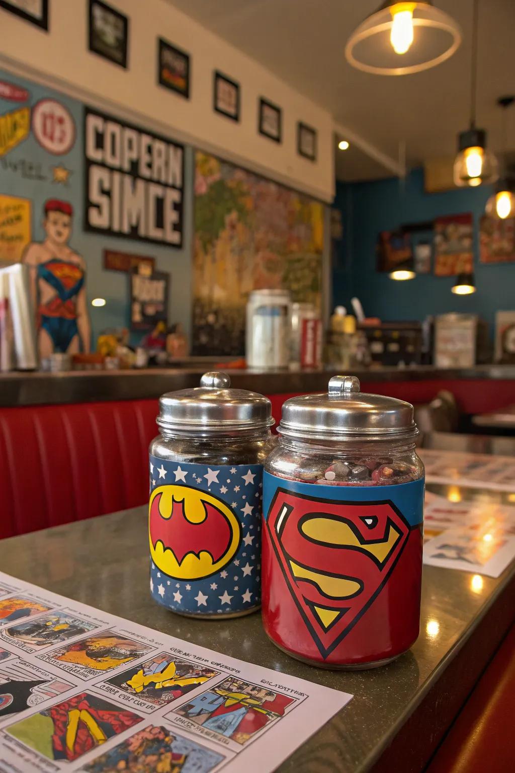 Themed tip containers instigating a superhero confrontation
