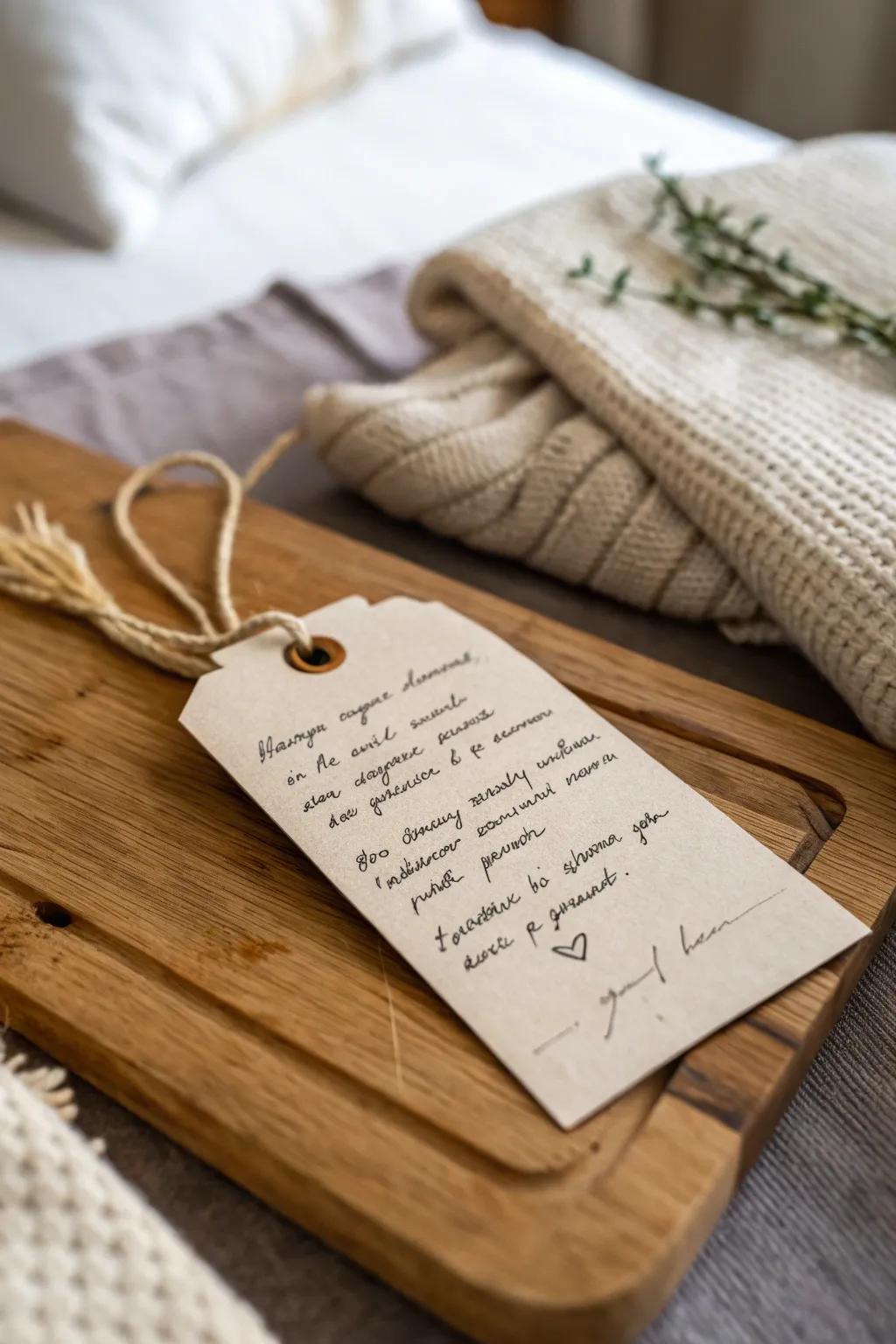 A tag featuring a handwritten note that adds a personal touch.