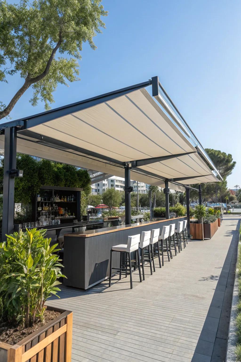 A shelter grants elegant sanctuary for this outdoor bar.