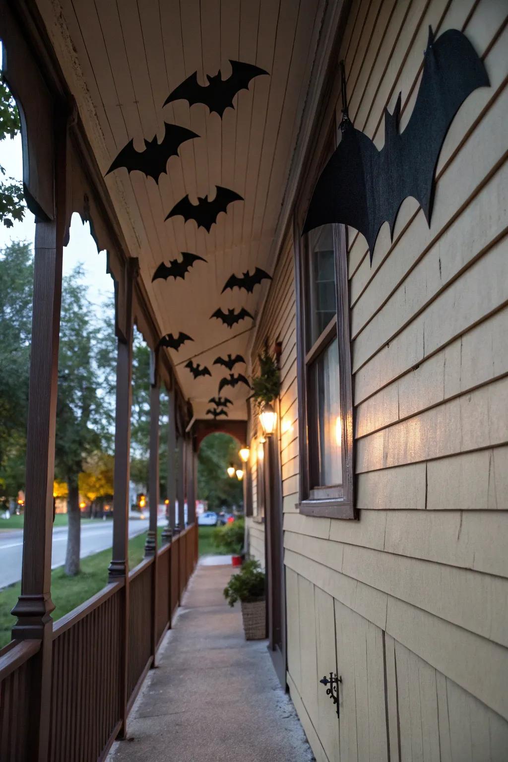 Flying bats create a dynamic Halloween display.