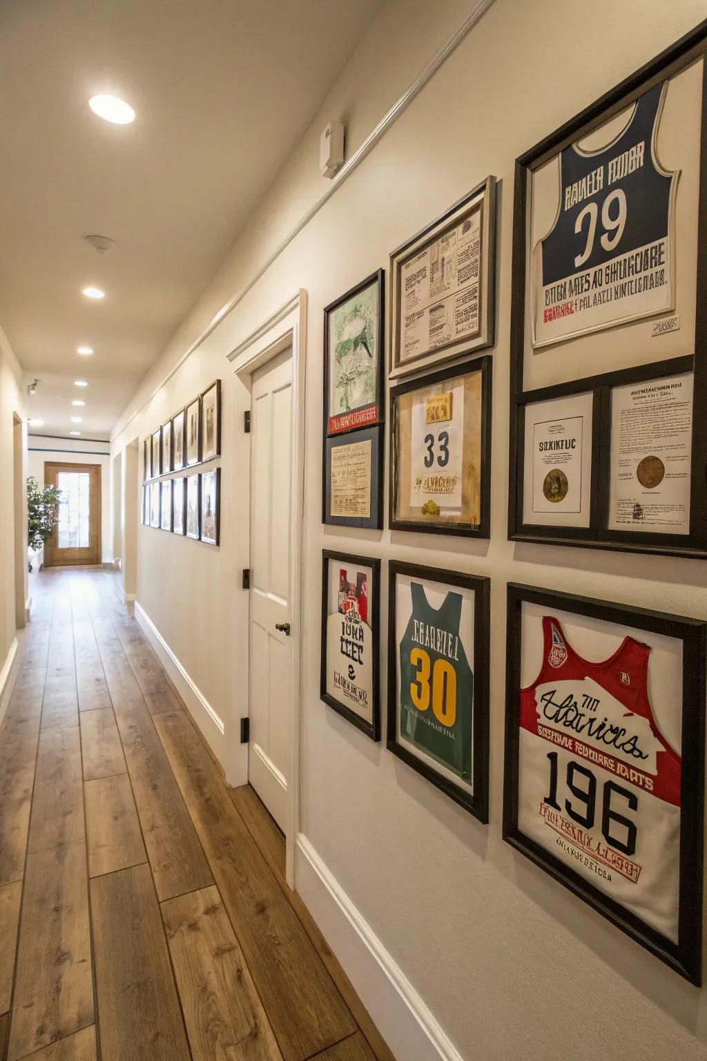 A gathering of vintage race numbers provides a nostalgic and personal design feature.