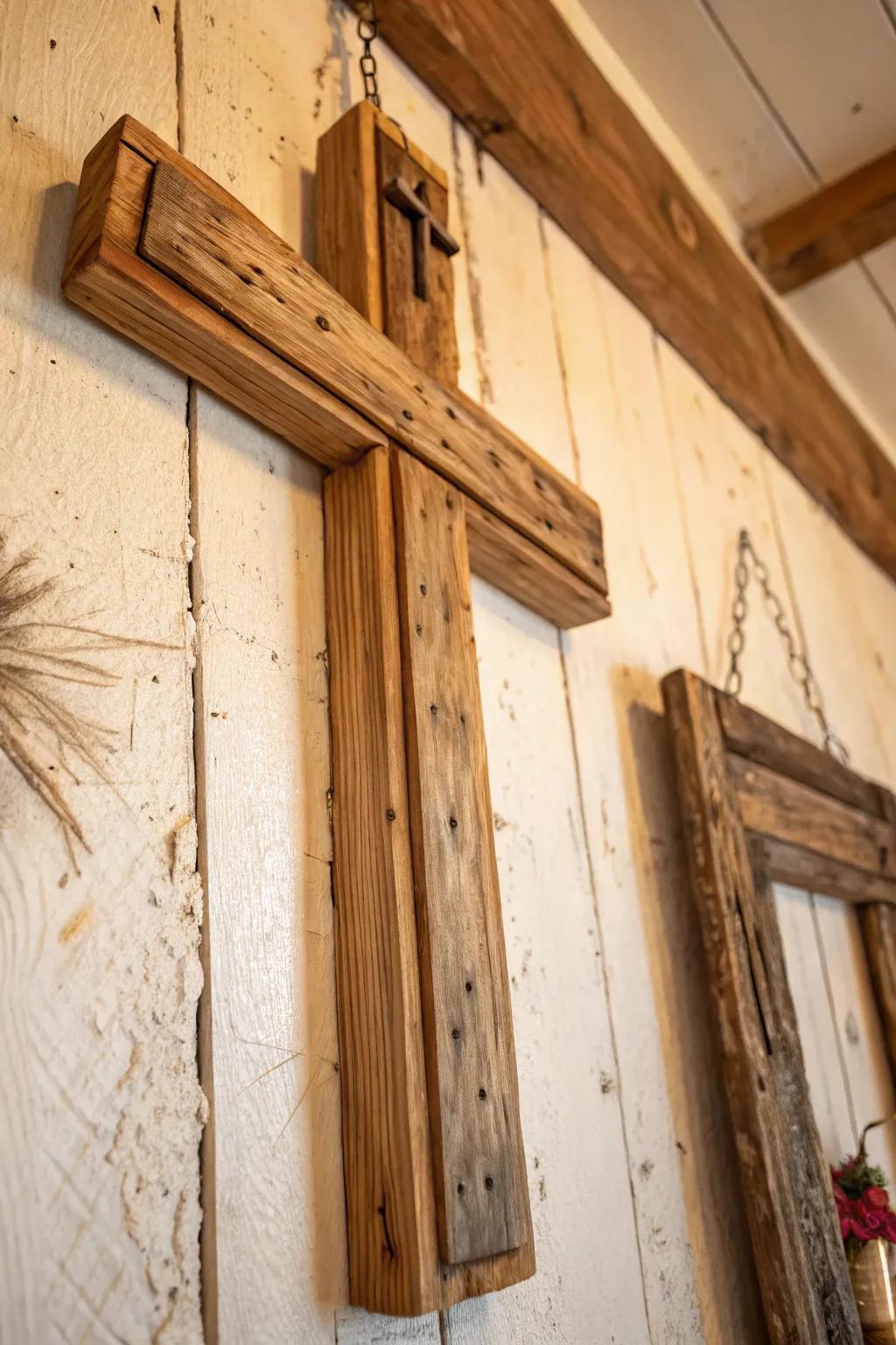 DIY cross wall decor crafted from reclaimed resources.