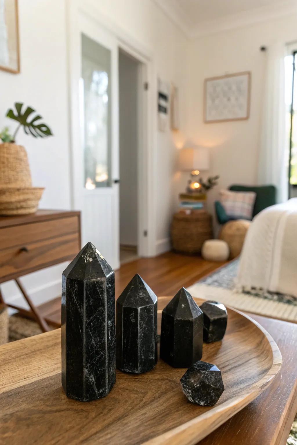 Room corners adorned with black tourmaline, encouraging grounding vitality.